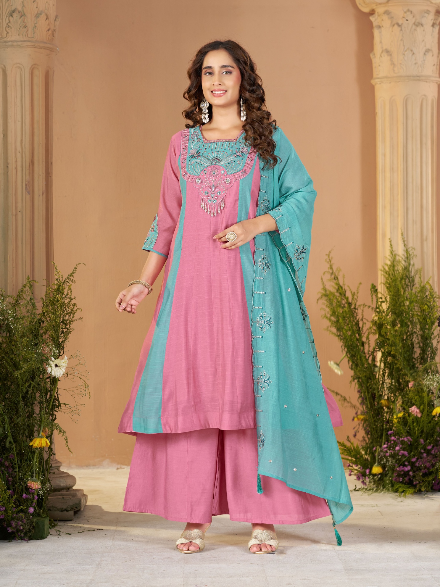 Pink Sky Blue Embroidered Mal Chanderi Palazzo Suit