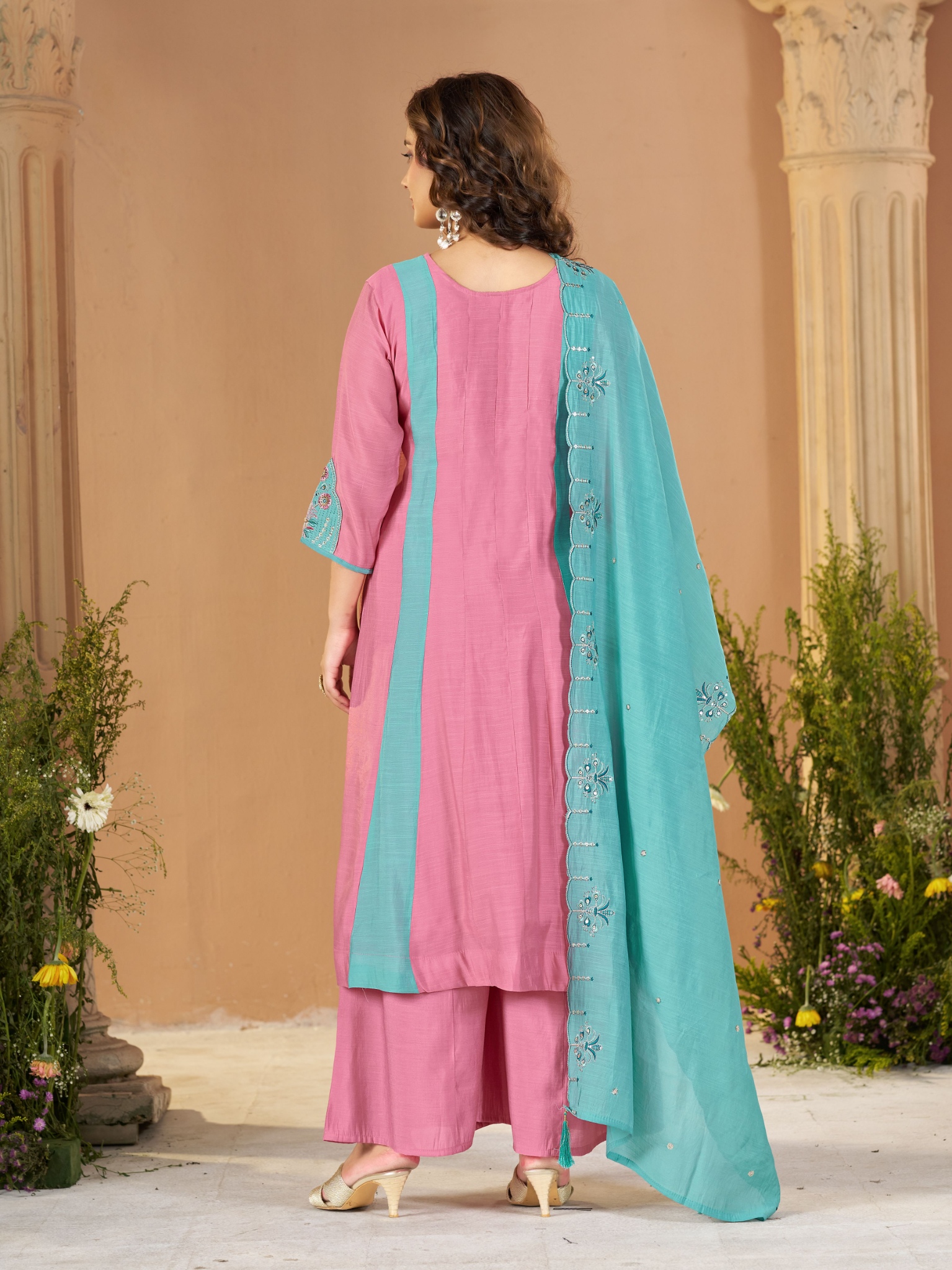 Pink Sky Blue Embroidered Mal Chanderi Palazzo Suit — alternate view