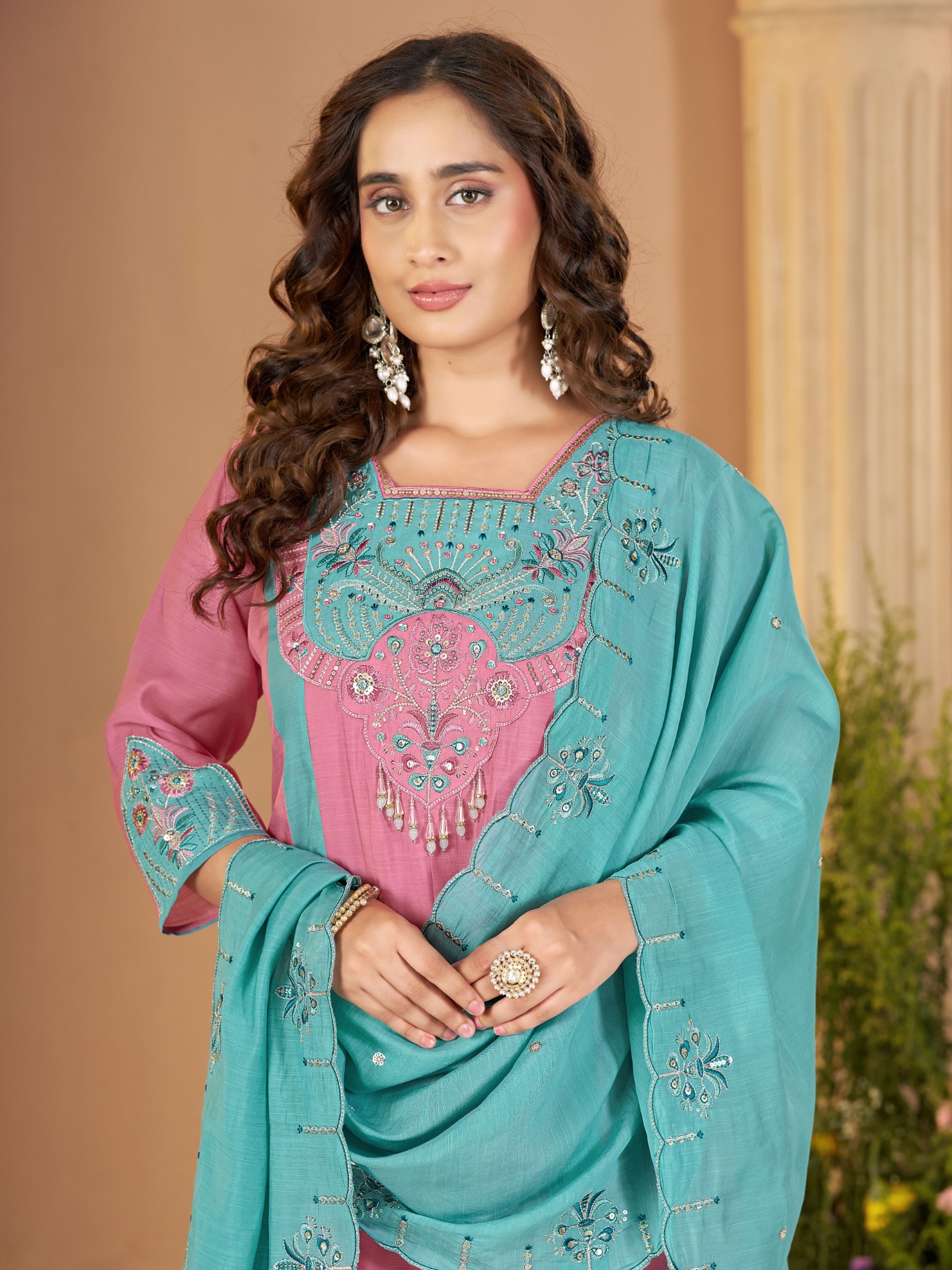 Pink Sky Blue Embroidered Mal Chanderi Palazzo Suit