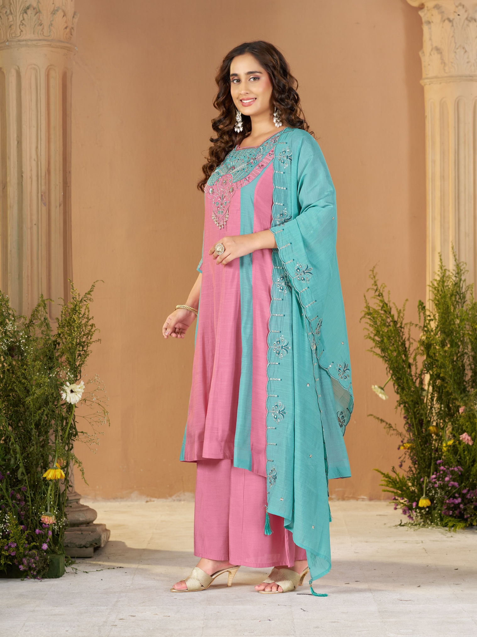 Pink Sky Blue Embroidered Mal Chanderi Palazzo Suit