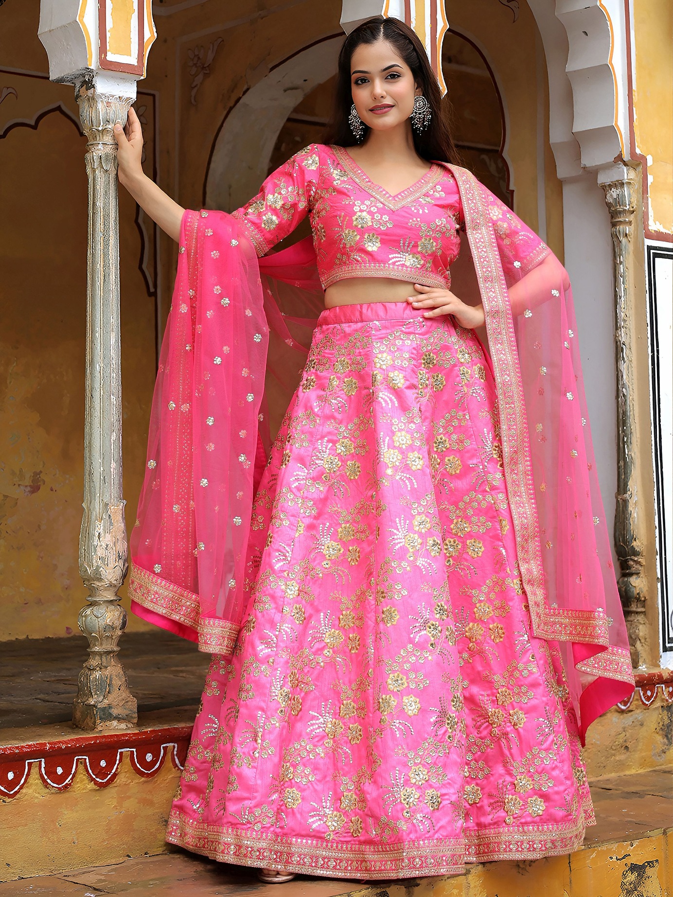 Pink Slub Silk Floral Sparkle Flared Lehenga Choli