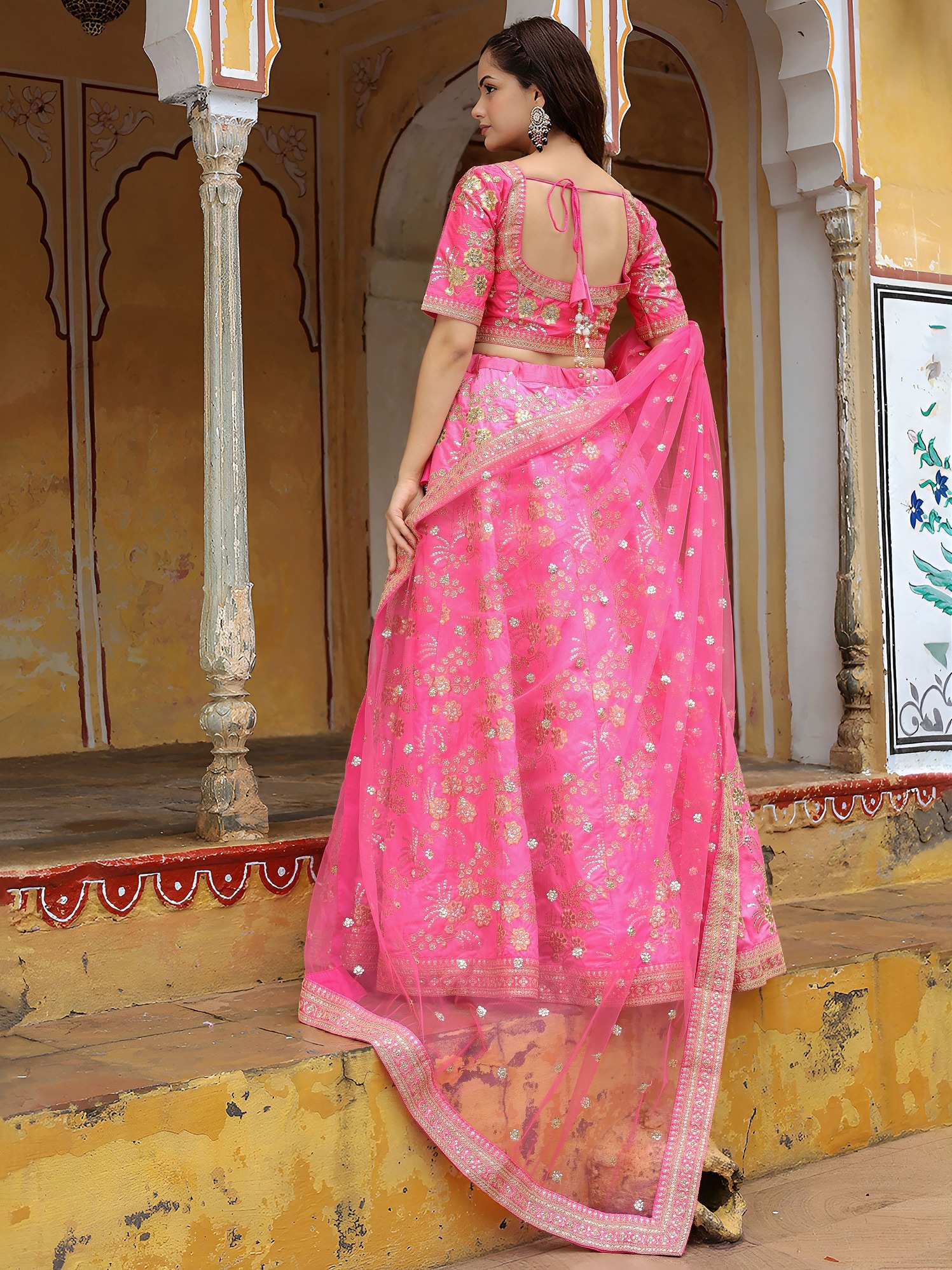 Pink Slub Silk Floral Sparkle Flared Lehenga Choli — alternate view