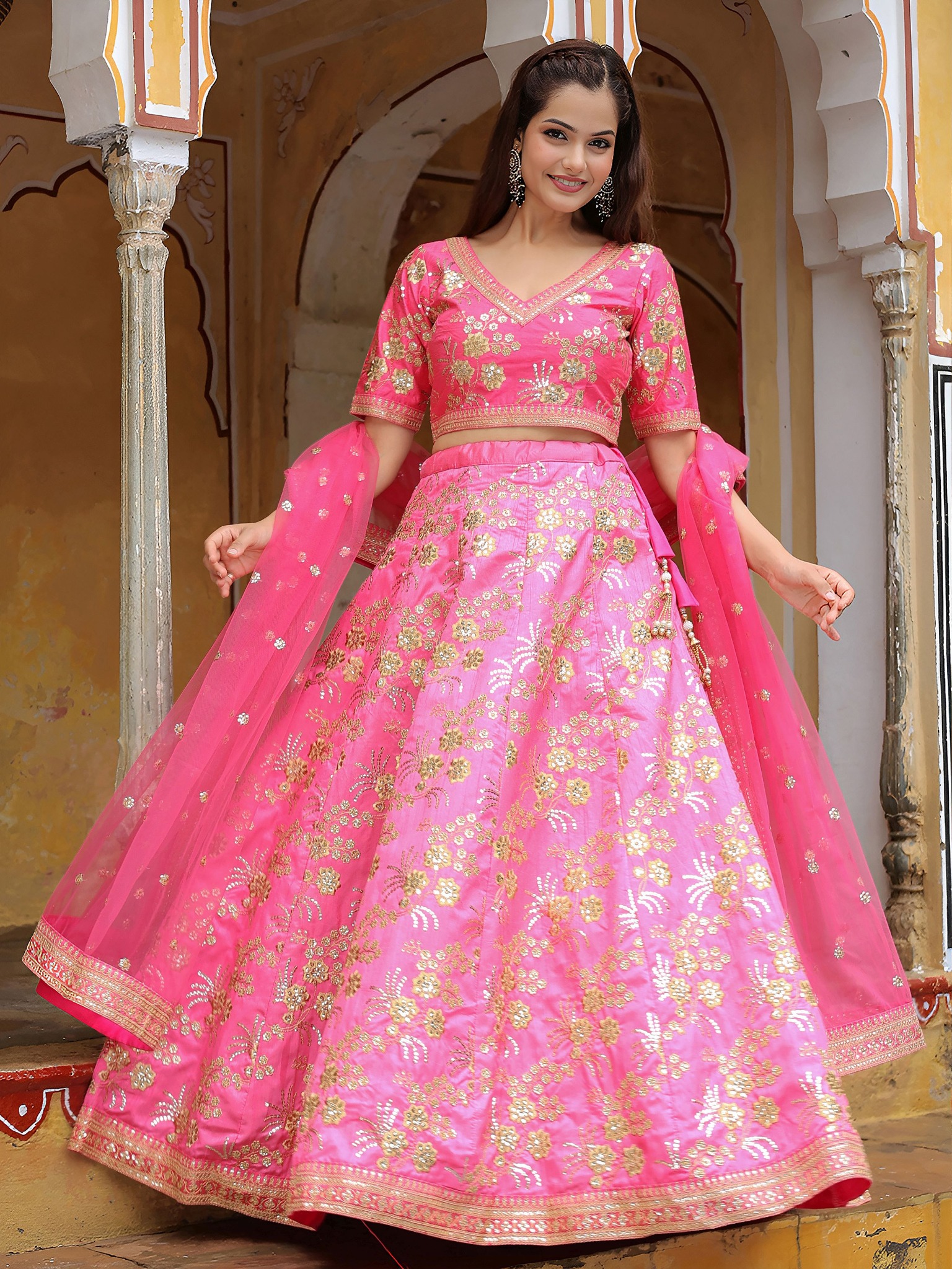Pink Slub Silk Floral Sparkle Flared Lehenga Choli