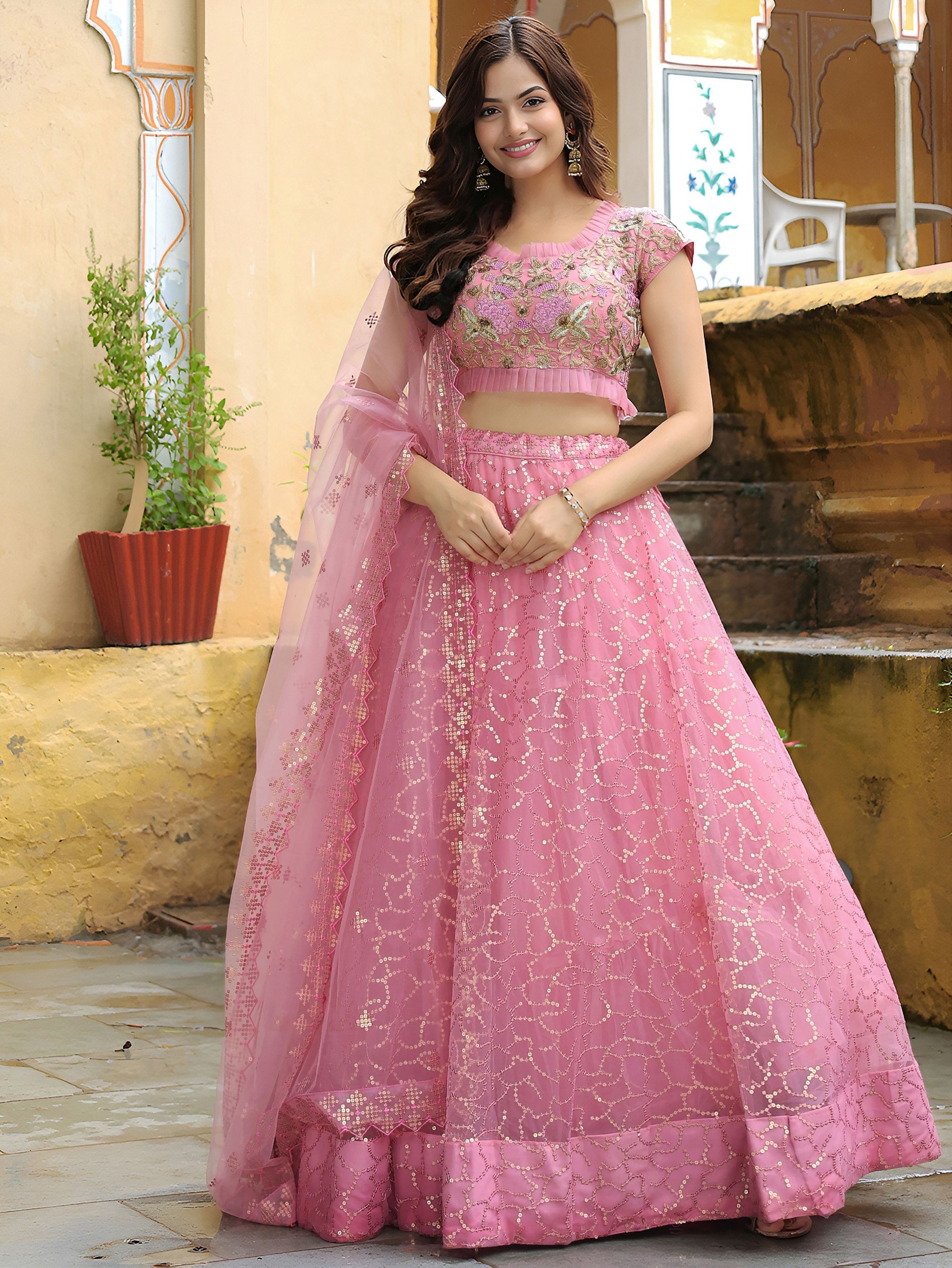 Pink Soft Net Sequins Bloom Flared Lehenga Choli