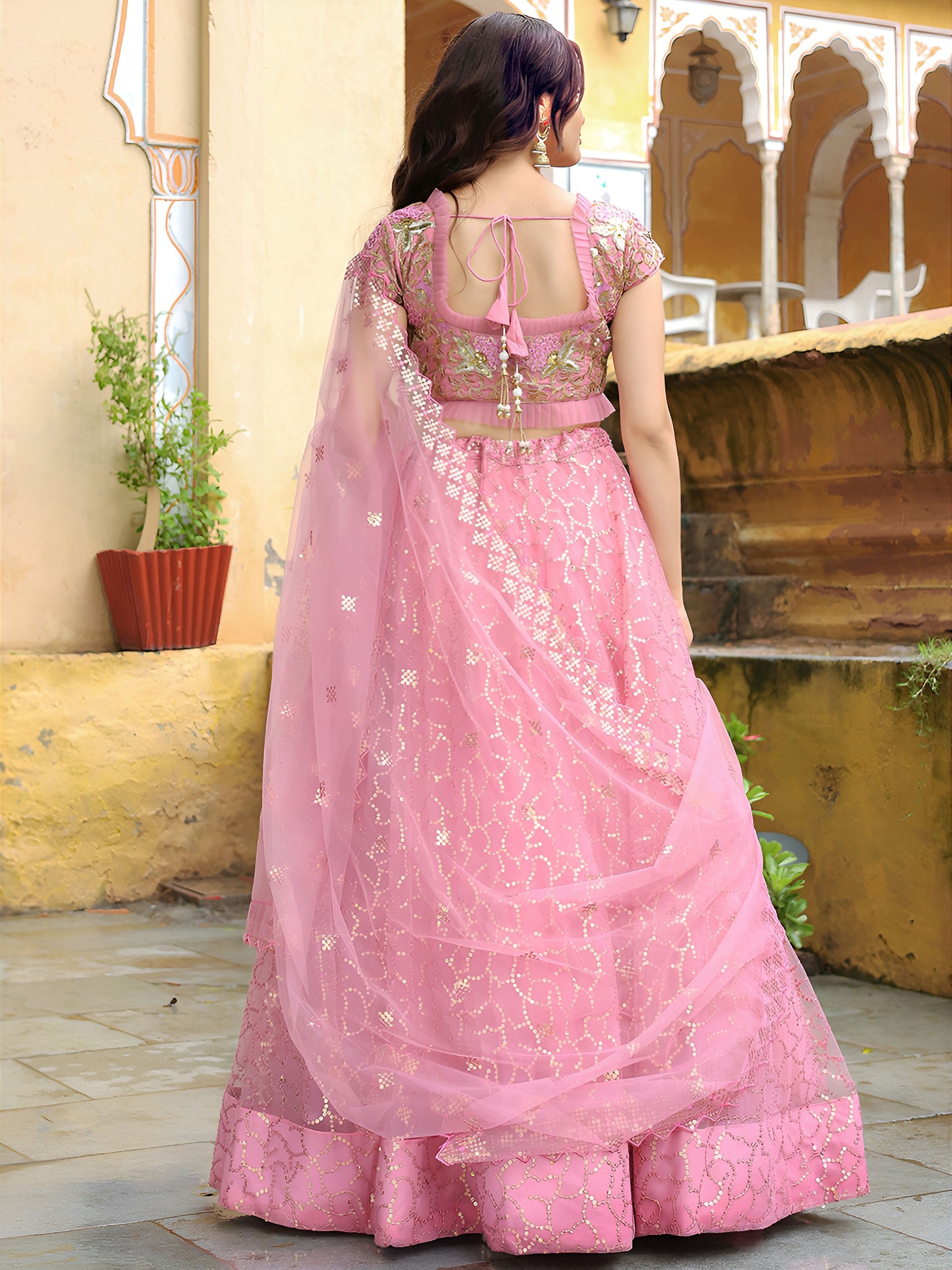 Pink Soft Net Sequins Bloom Flared Lehenga Choli — alternate view