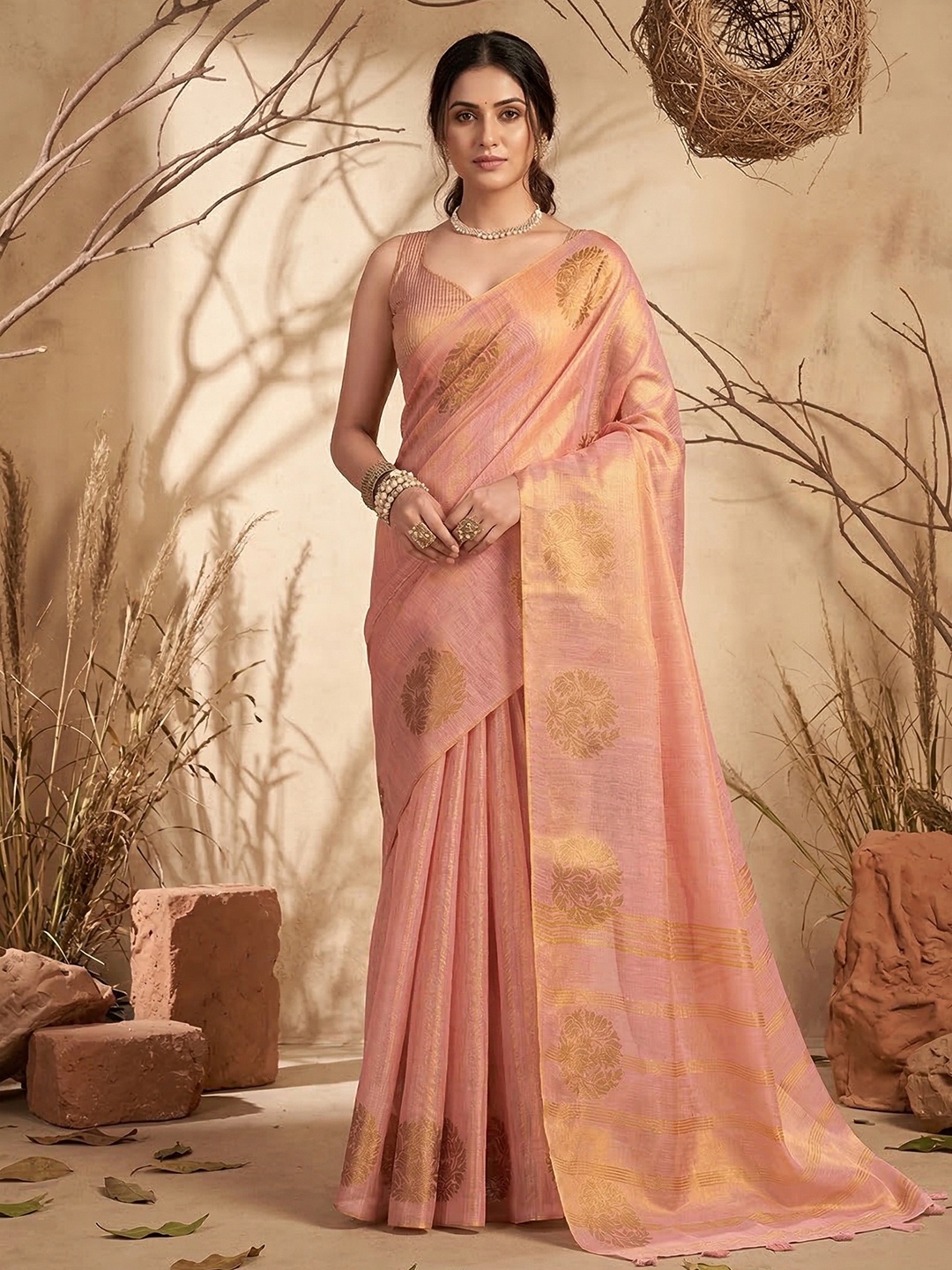 Pink Soft Sheen Tissue Silk Saree