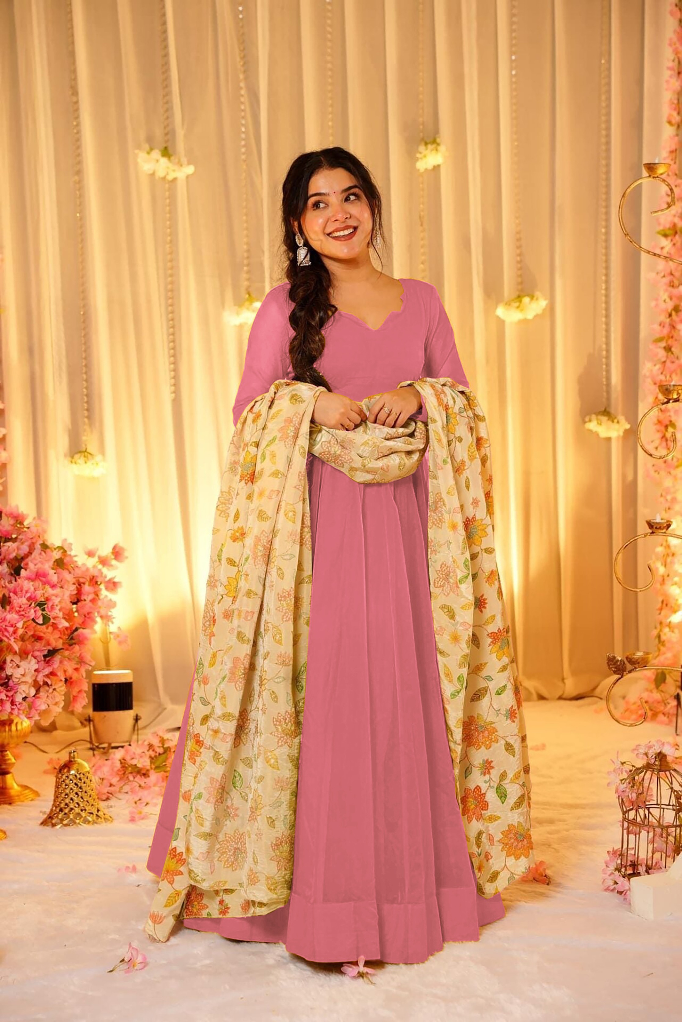 Pink Soft Silk Readymade Gown