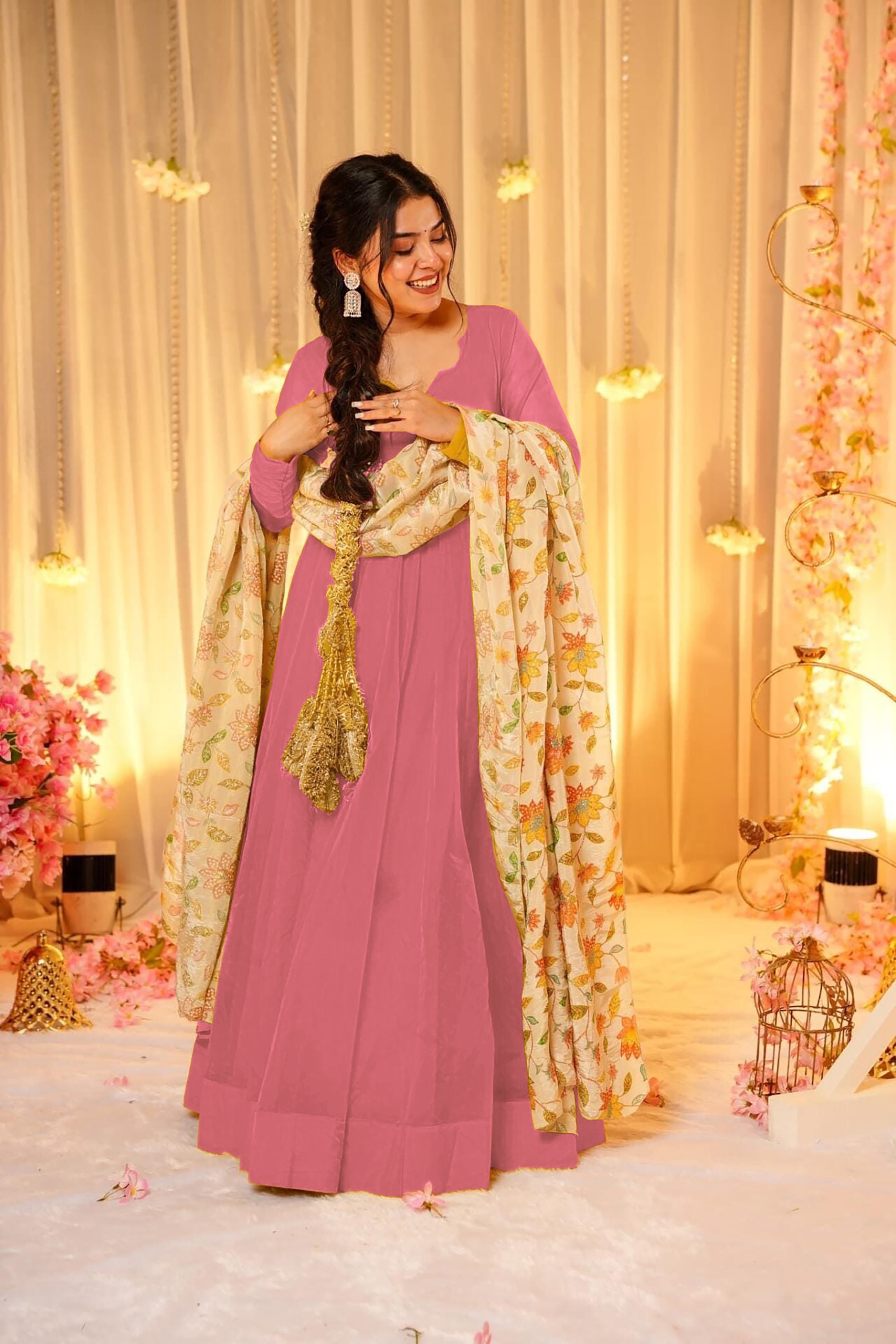 Pink Soft Silk Readymade Gown