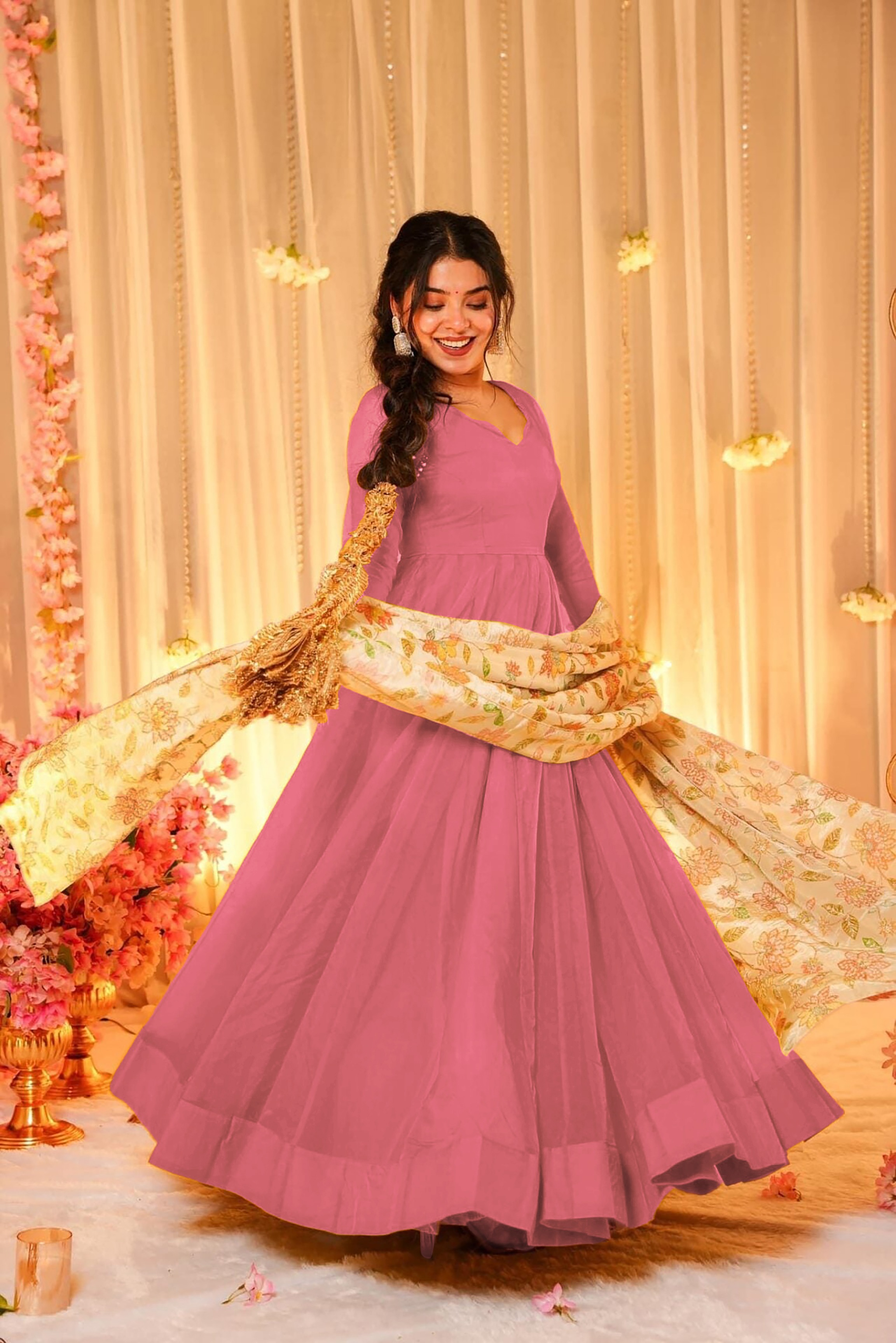 Pink Soft Silk Readymade Gown