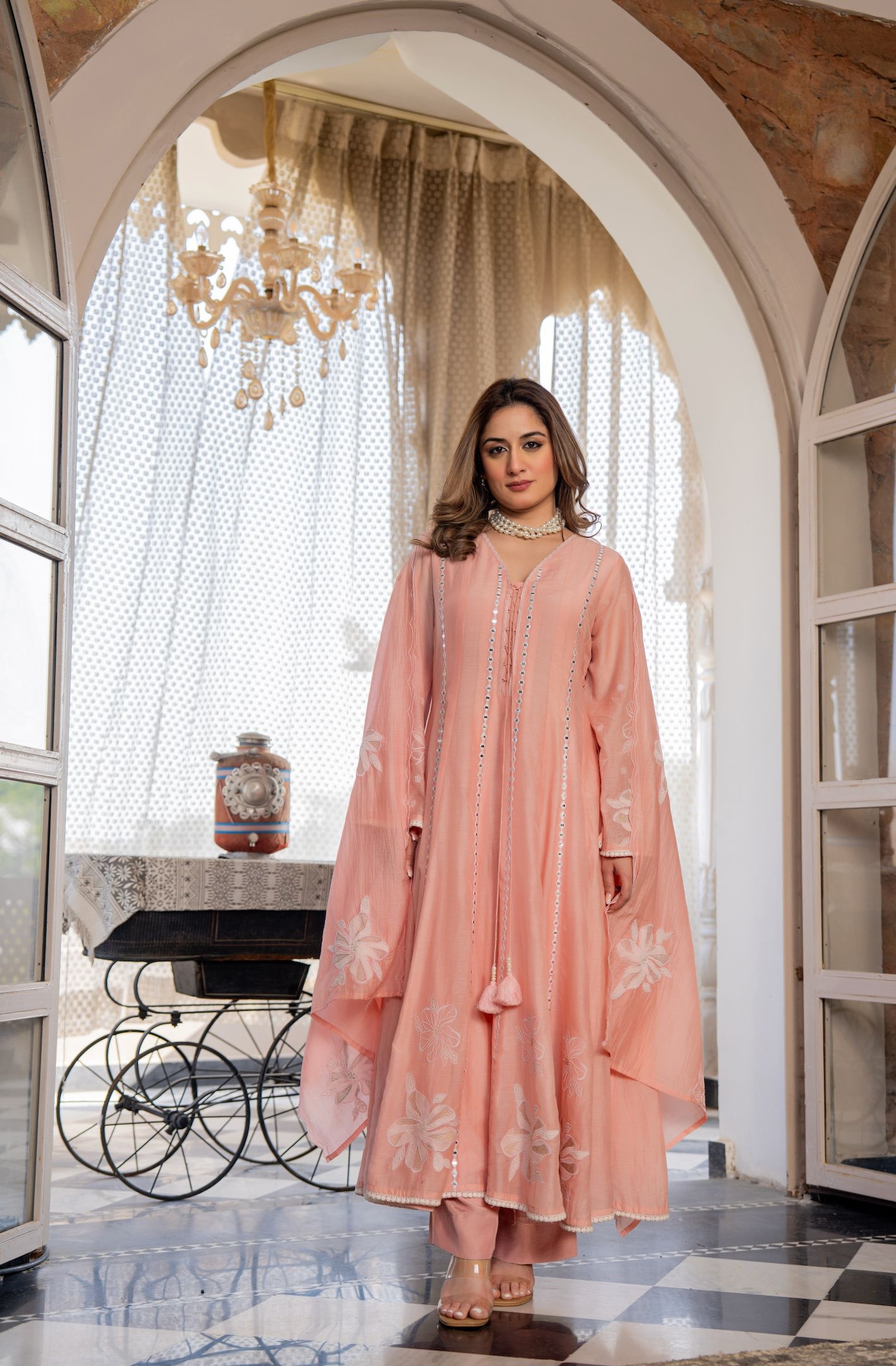 Pink Solid Embroidered Chanderi Straight Suit
