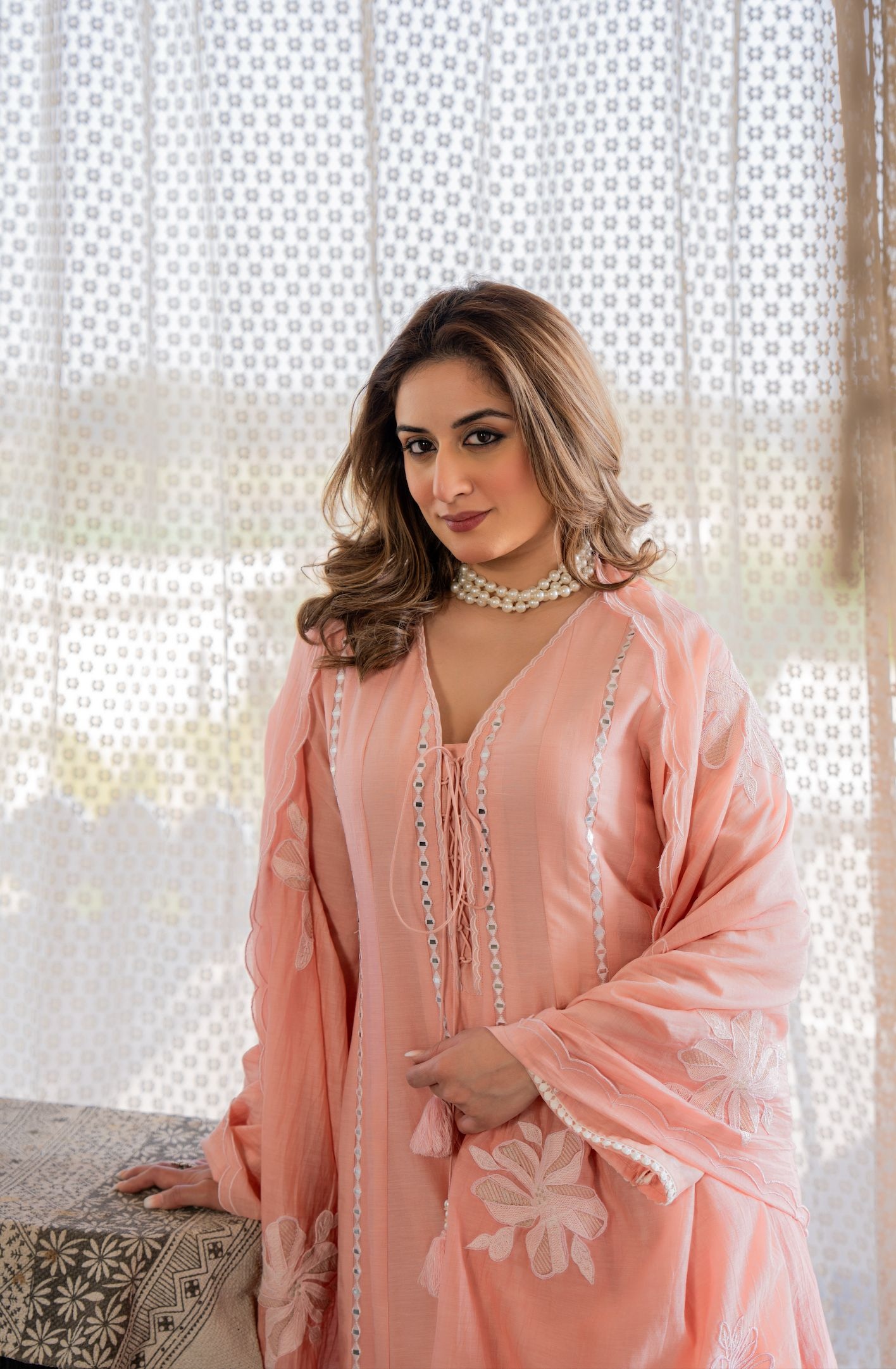 Pink Solid Embroidered Chanderi Straight Suit