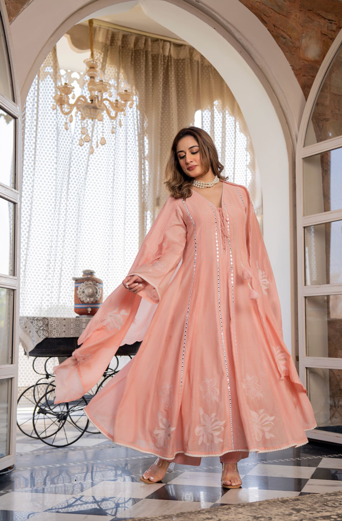Pink Solid Embroidered Chanderi Straight Suit