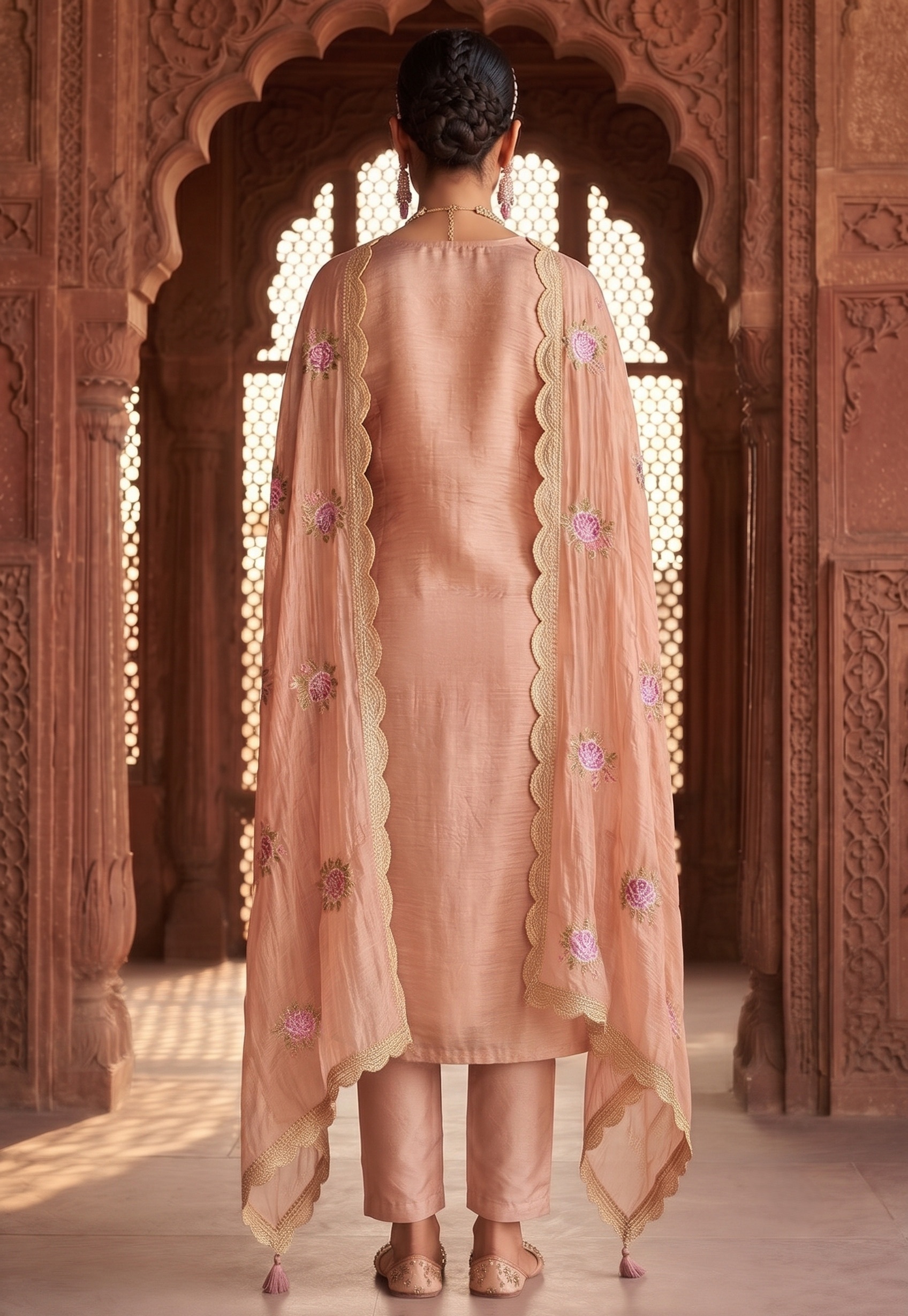 Pink Solid Embroidered Gold Silk Straight Suit — alternate view
