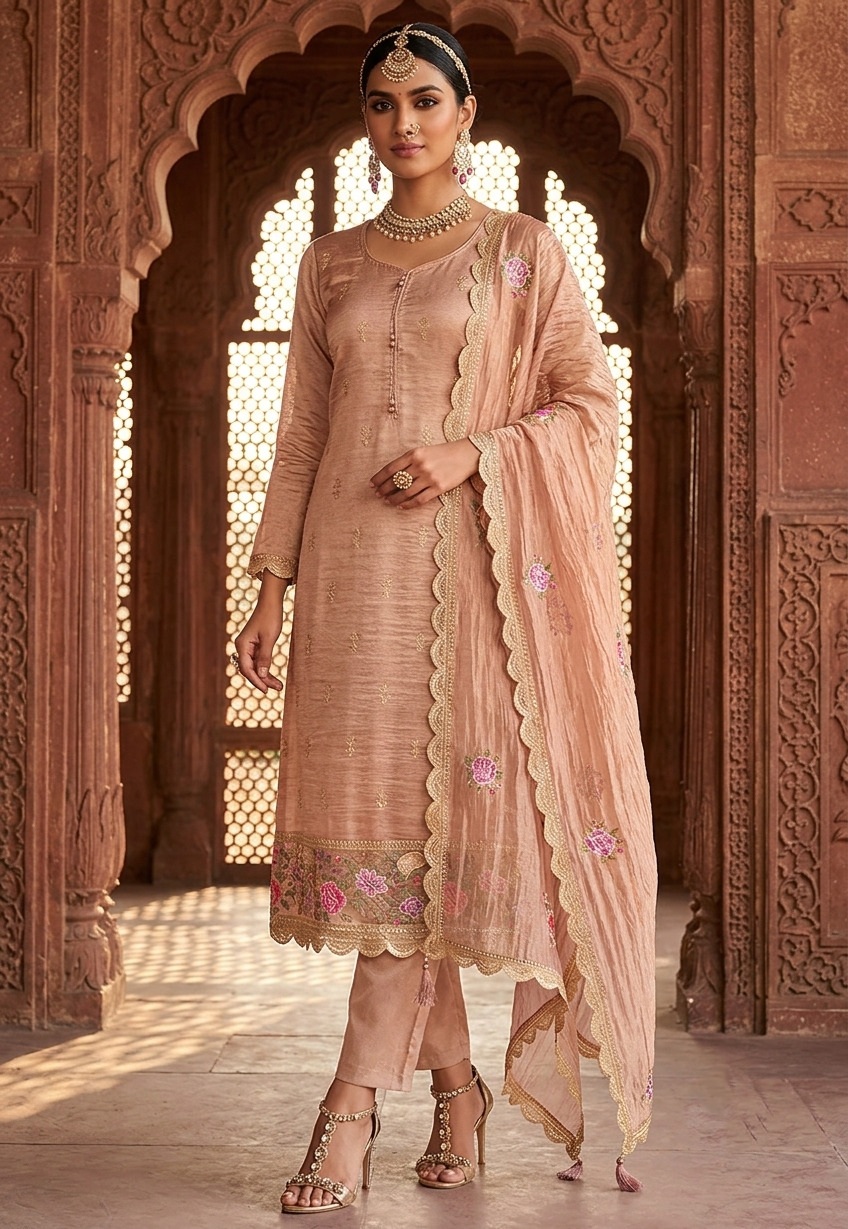 Pink Solid Embroidered Gold Silk Straight Suit