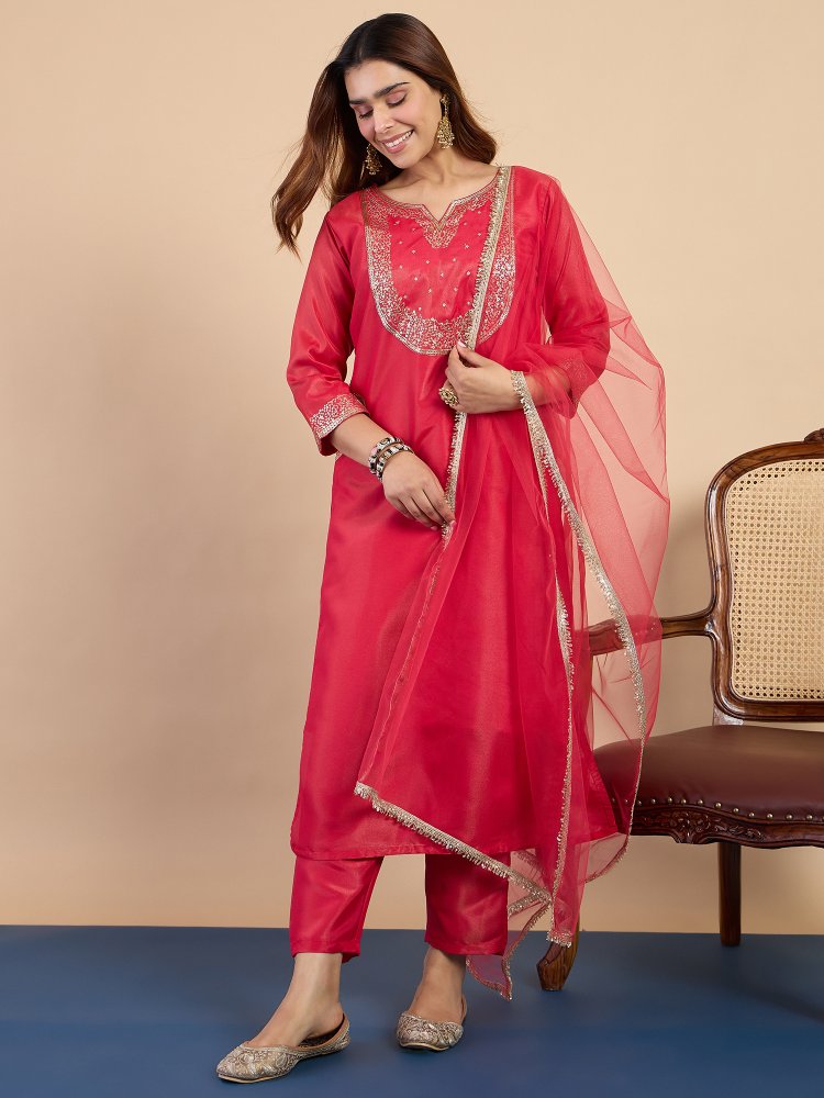 Pink Solid Embroidered Silk Blend Straight Suit
