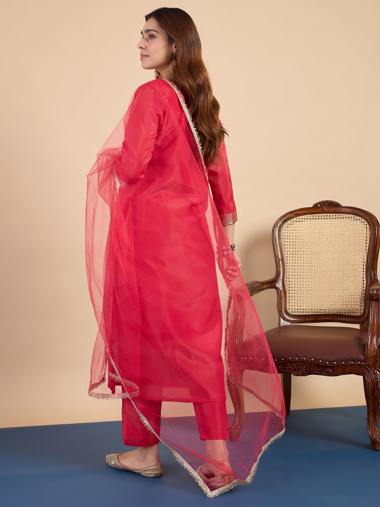 Pink Solid Embroidered Silk Blend Straight Suit — alternate view