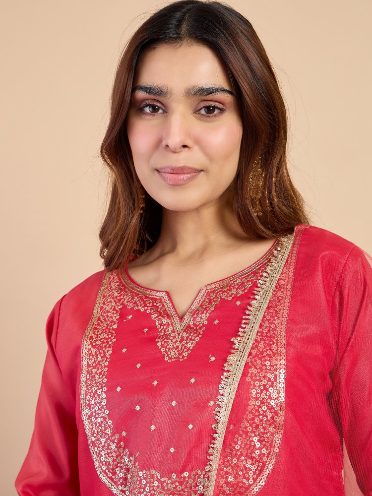 Pink Solid Embroidered Silk Blend Straight Suit