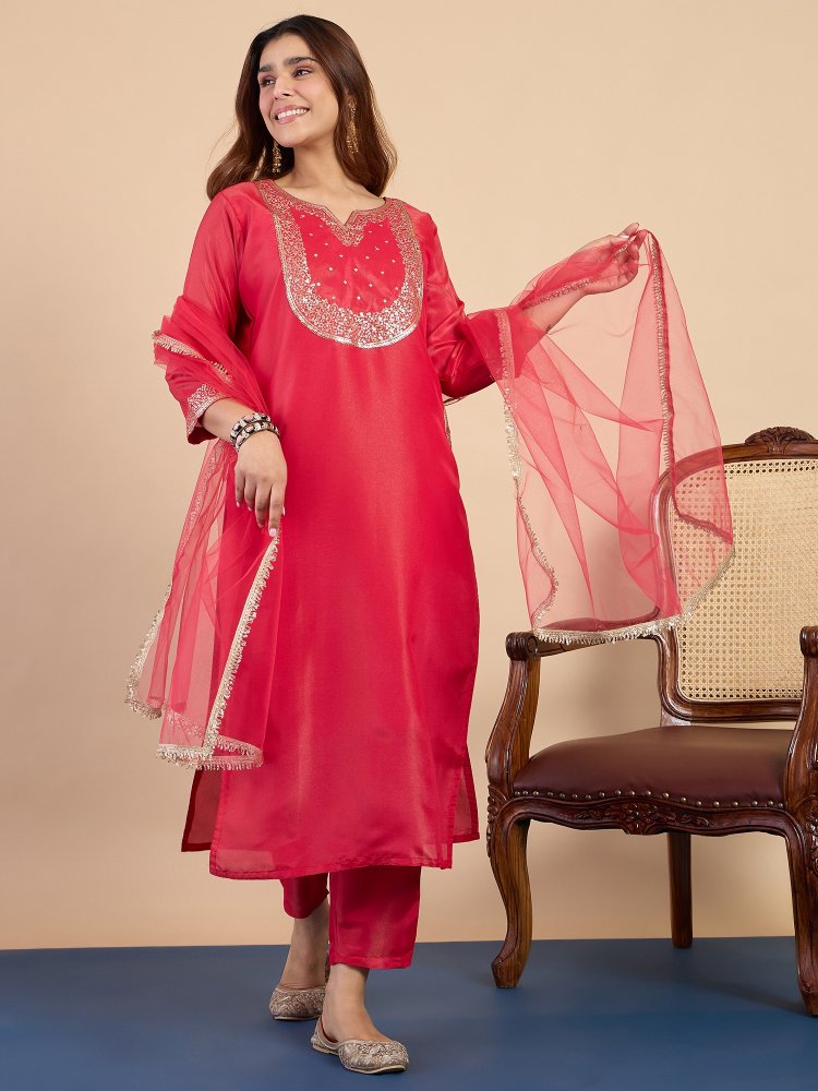 Pink Solid Embroidered Silk Blend Straight Suit