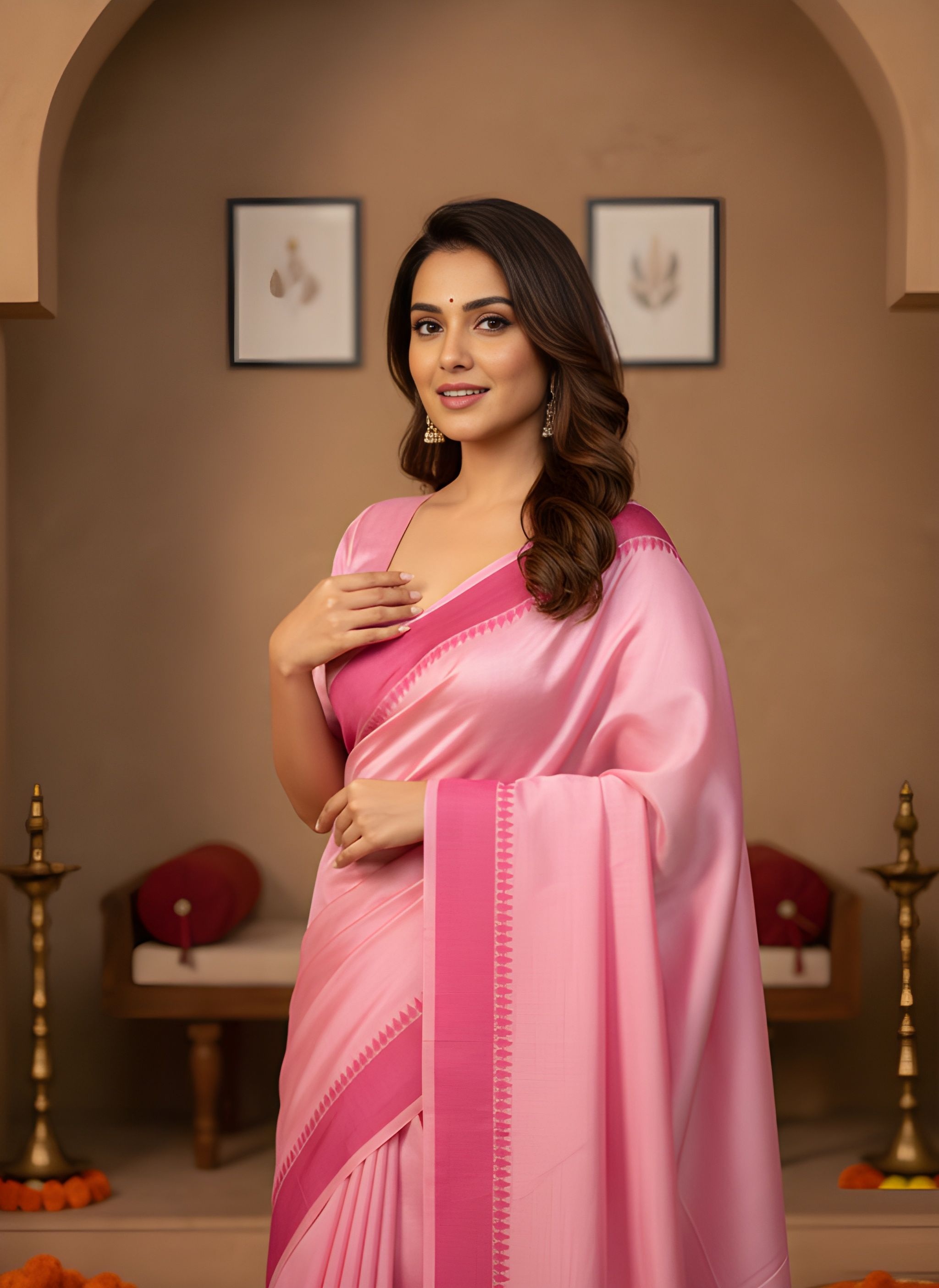 Pink Solid Woven Manipuri Kalam Saree
