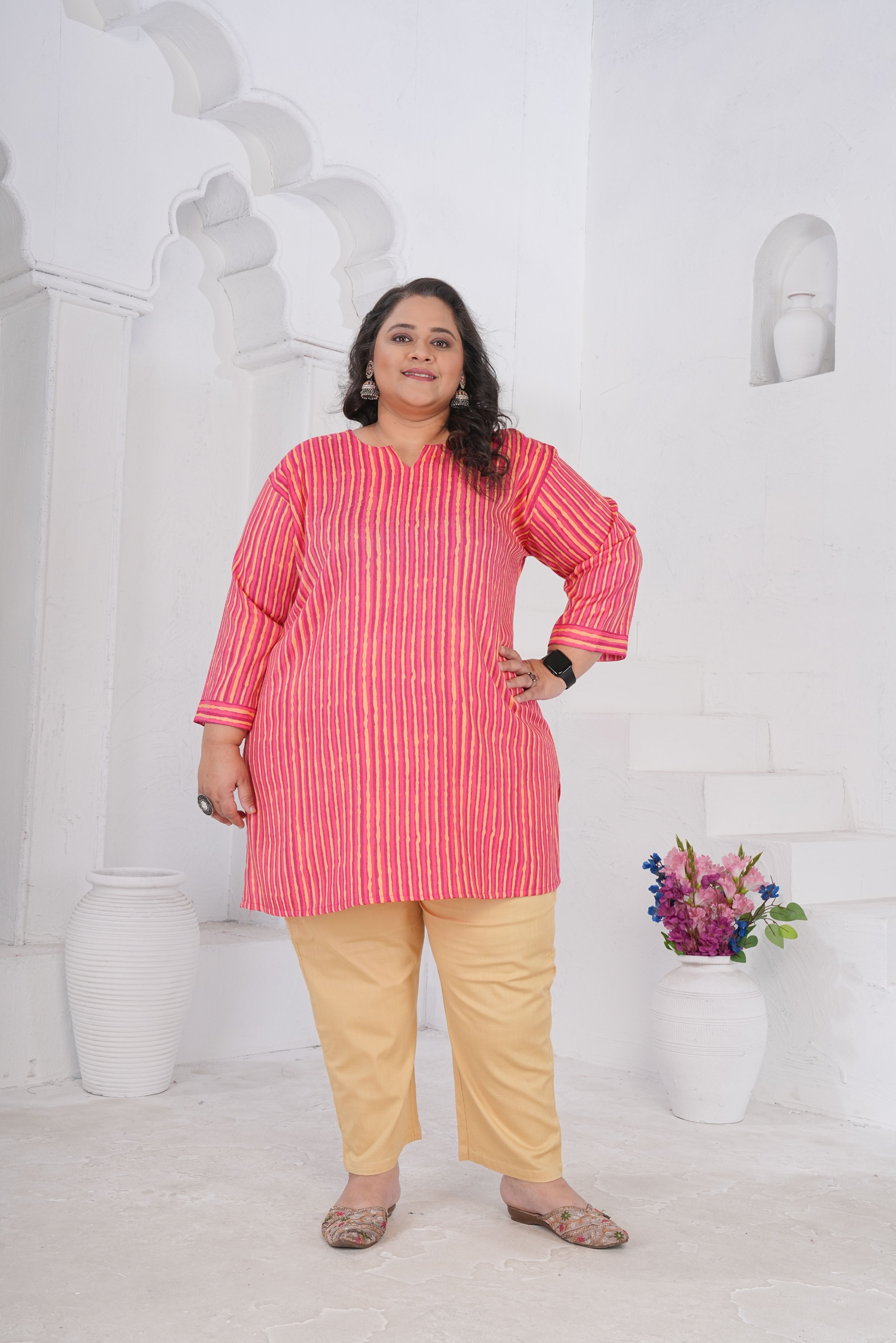 Pink Stripe Floral Rayon Slub Kurti