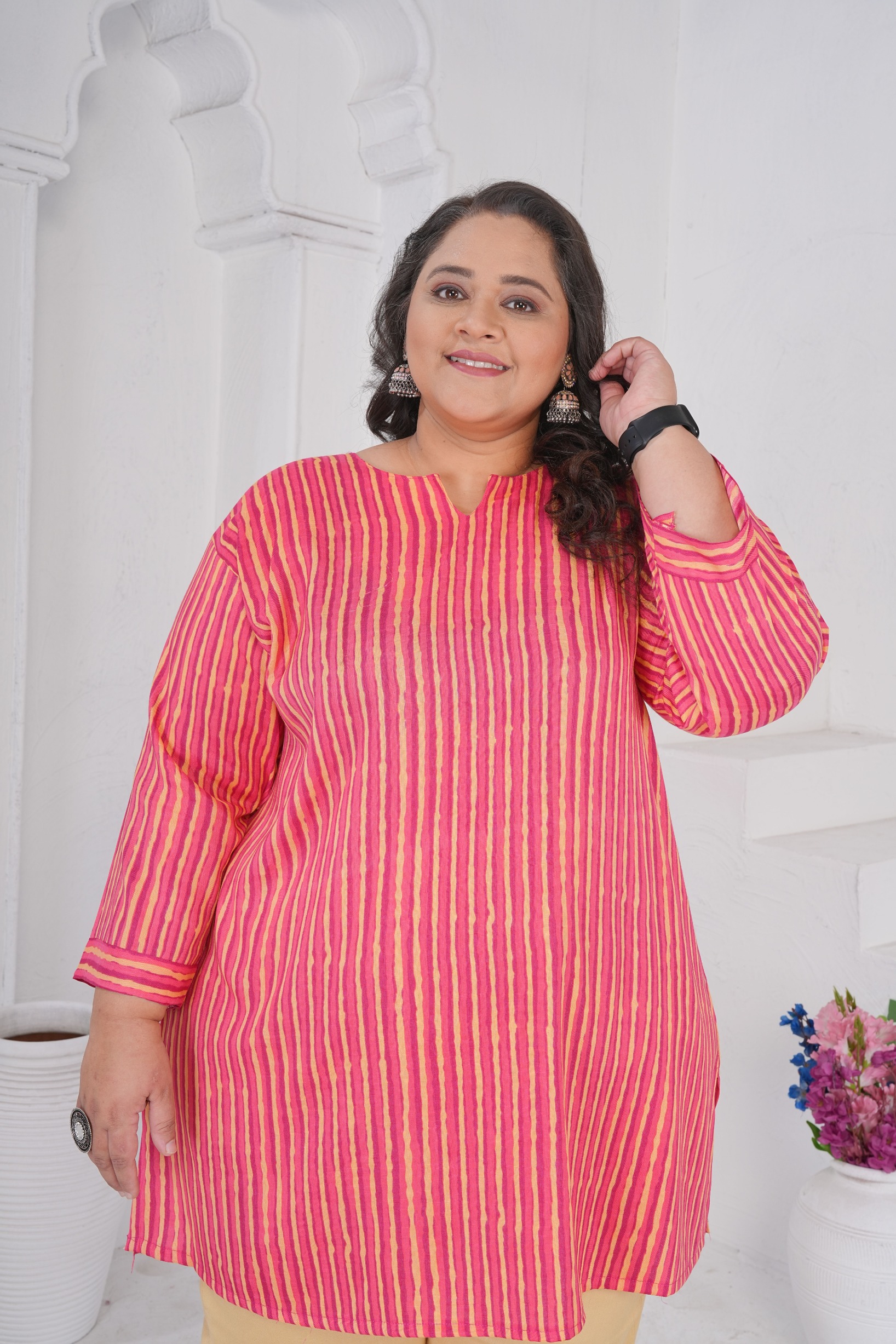Pink Stripe Floral Rayon Slub Kurti