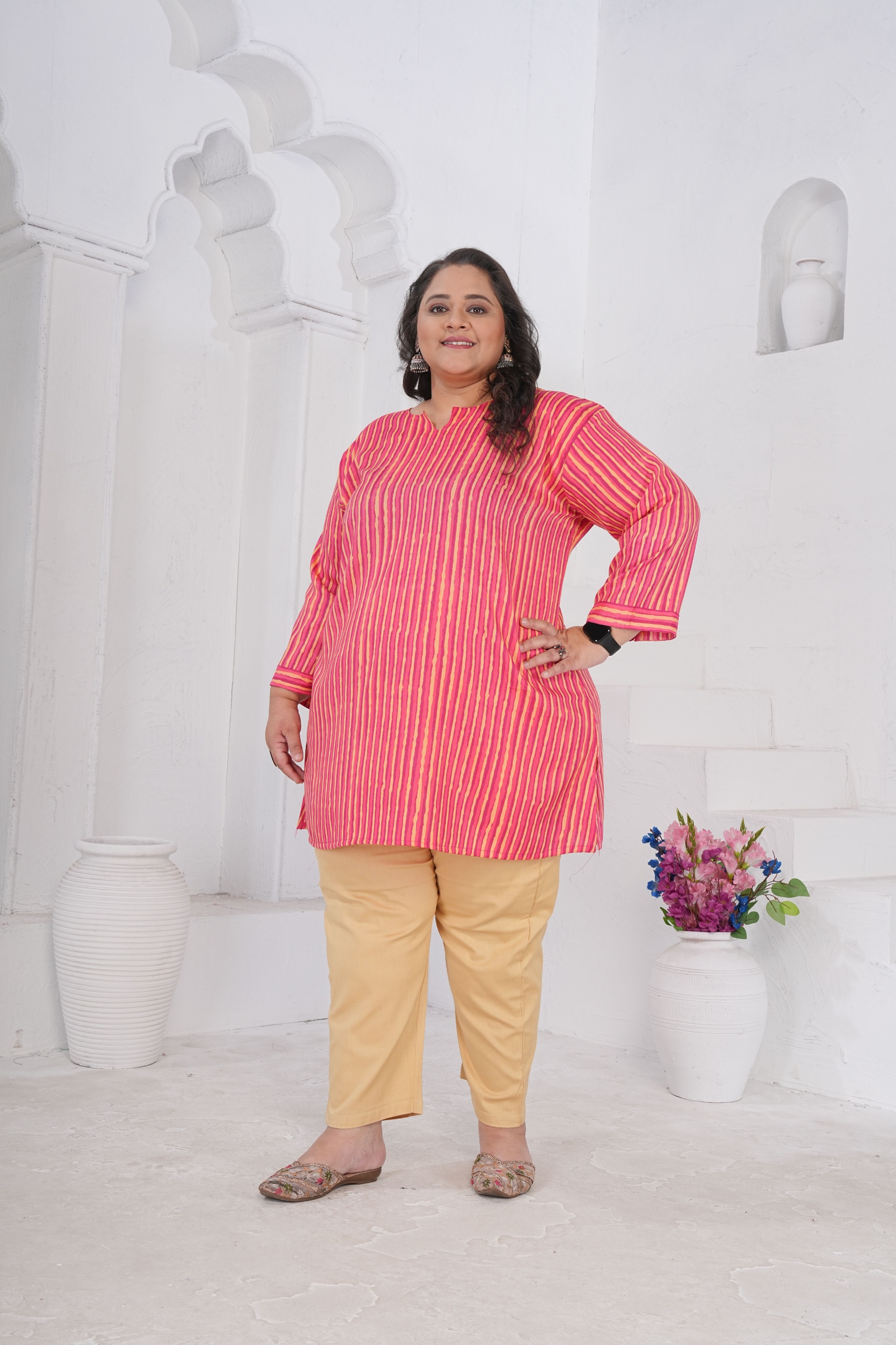 Pink Stripe Floral Rayon Slub Kurti