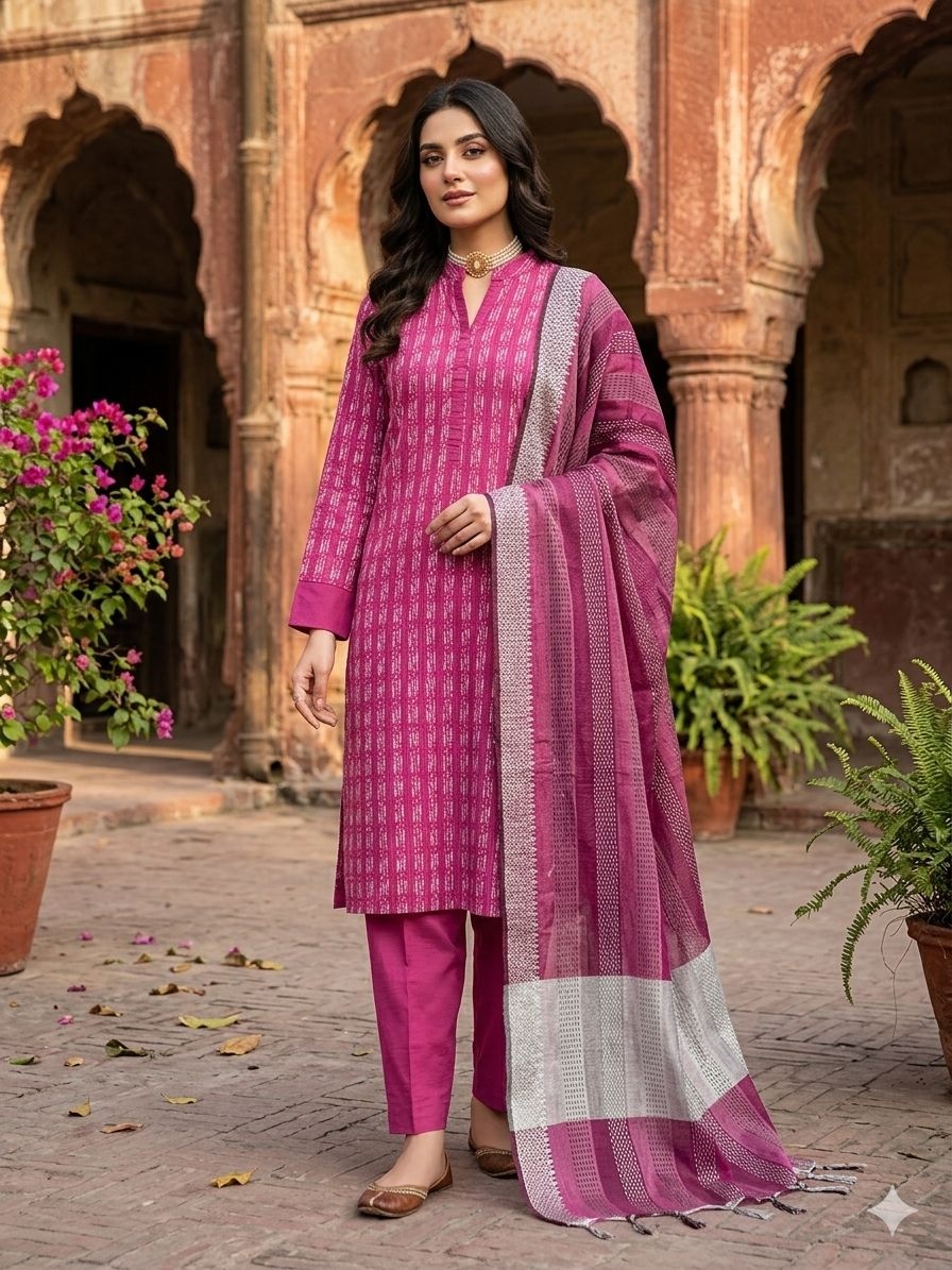 Pink Striped Weaving Cotton Straight Salwar Suit