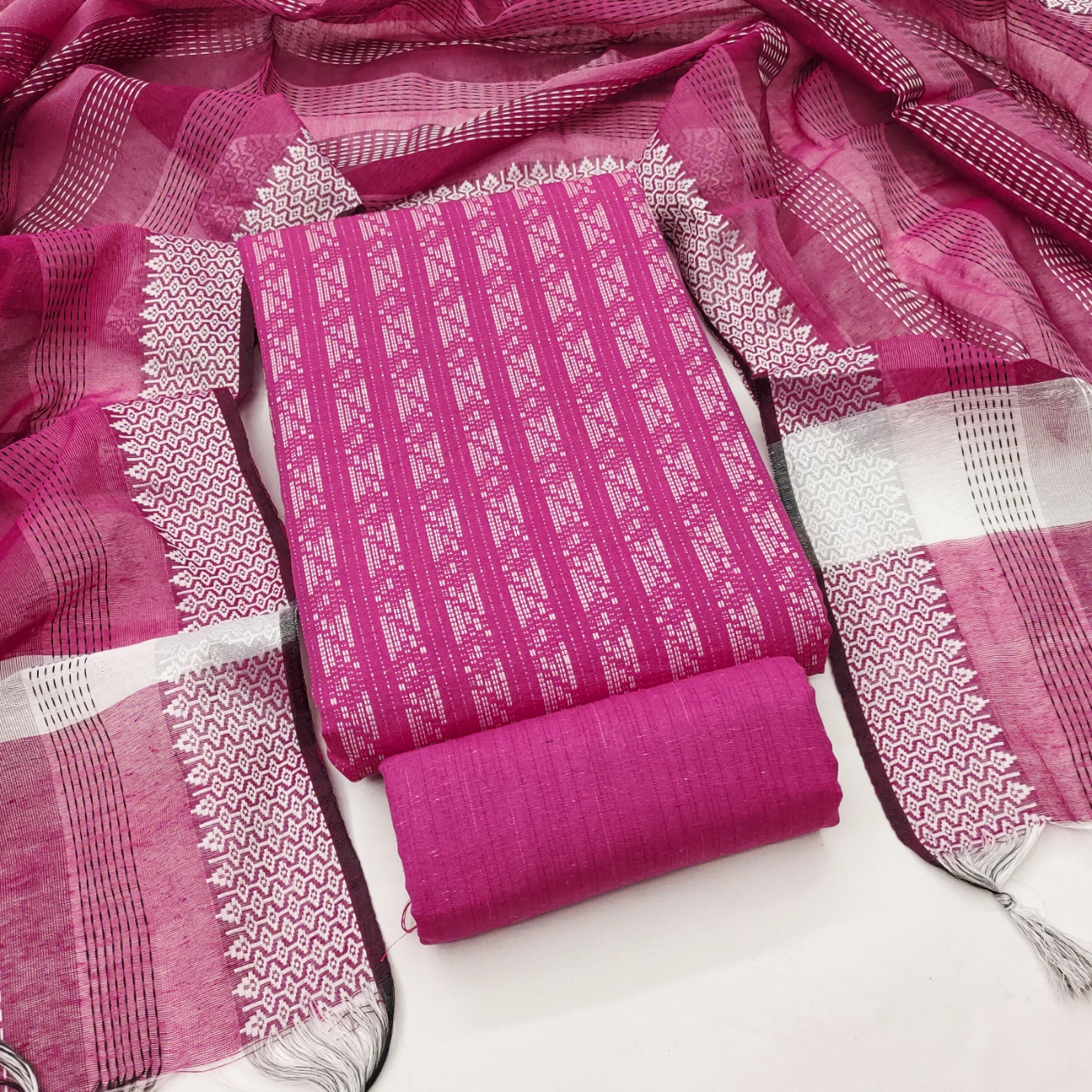 Pink Striped Weaving Cotton Straight Salwar Suit