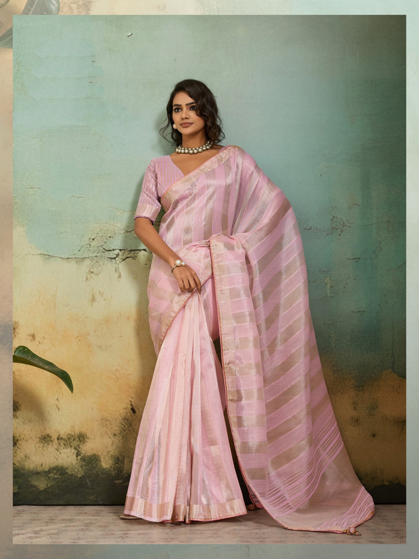 Pink Striped Zari Cotton Silk Saree