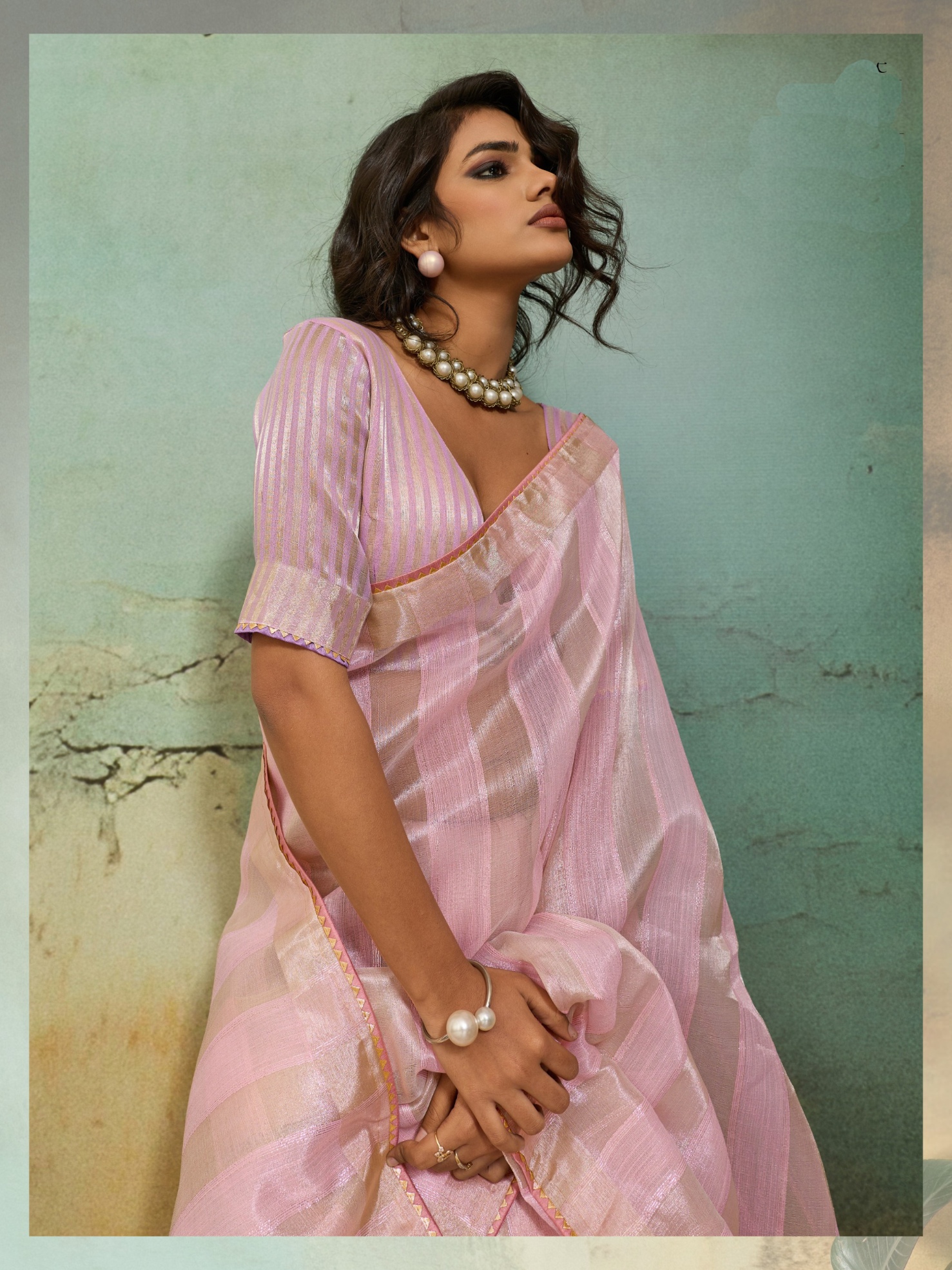 Pink Striped Zari Cotton Silk Saree — alternate view