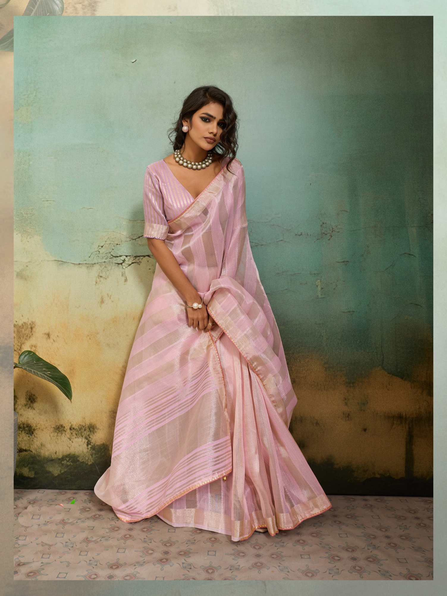 Pink Striped Zari Cotton Silk Saree