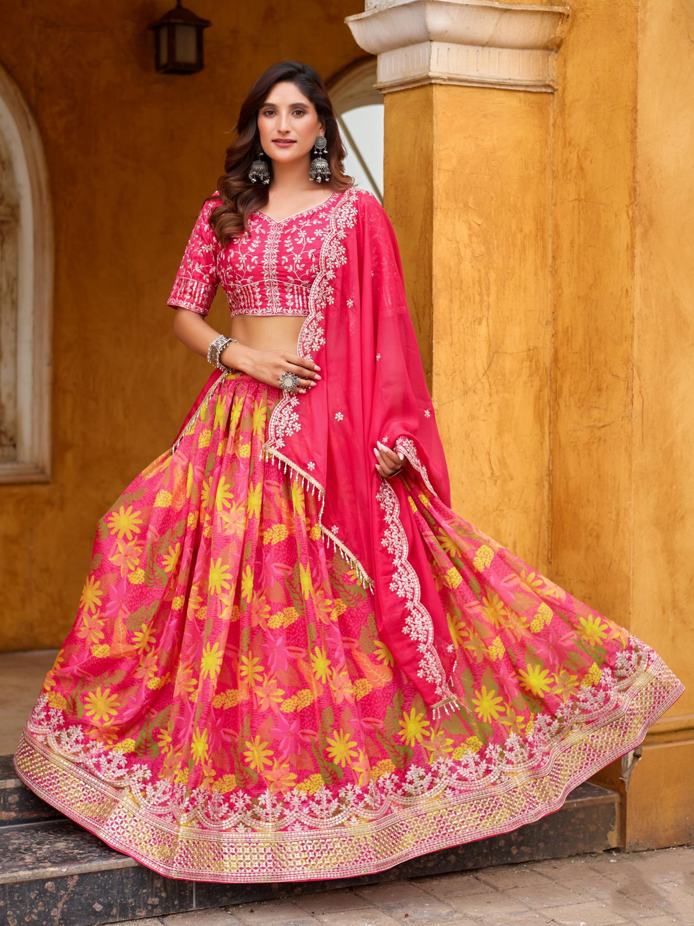 Pink Taby Silk Semi-Stitched Lehenga Choli