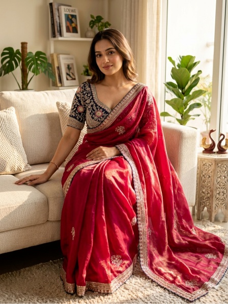 Pink Teal Sequin Zari Embroidered Satin Saree — alternate view