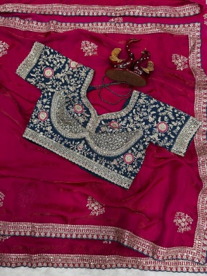 Pink Teal Sequin Zari Embroidered Satin Saree