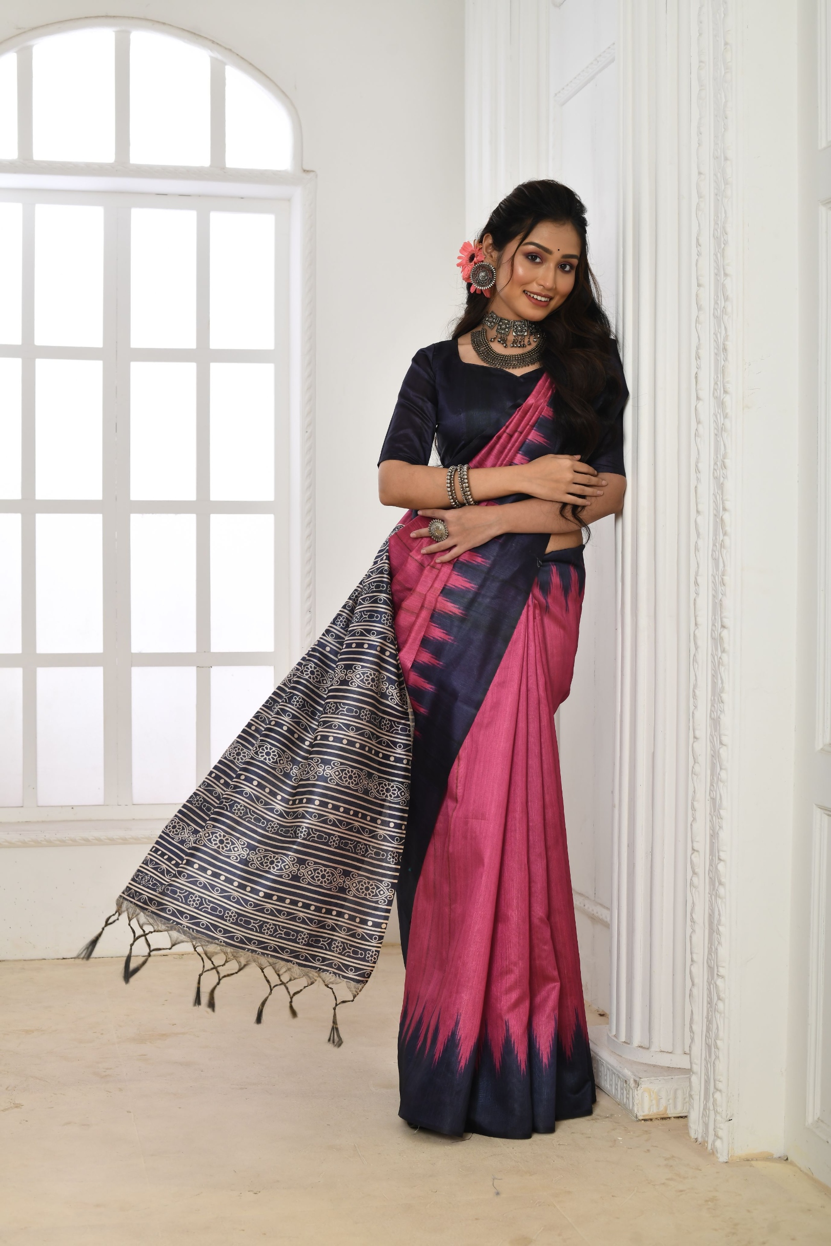 Pink Temple Printed Tussar Silk Saree — alternate view