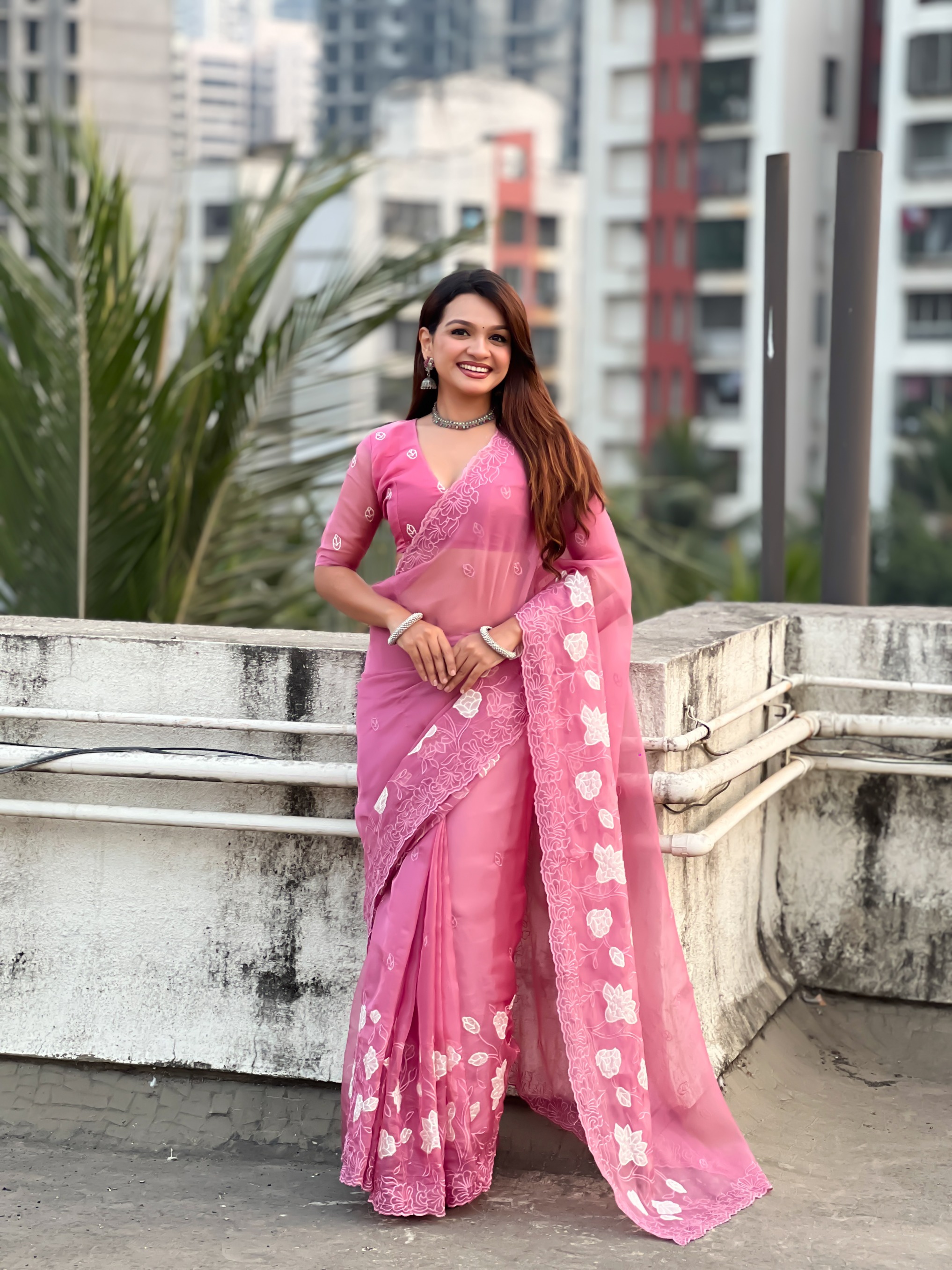 Pink Thread Embroidered Chanderi Kora Silk Saree