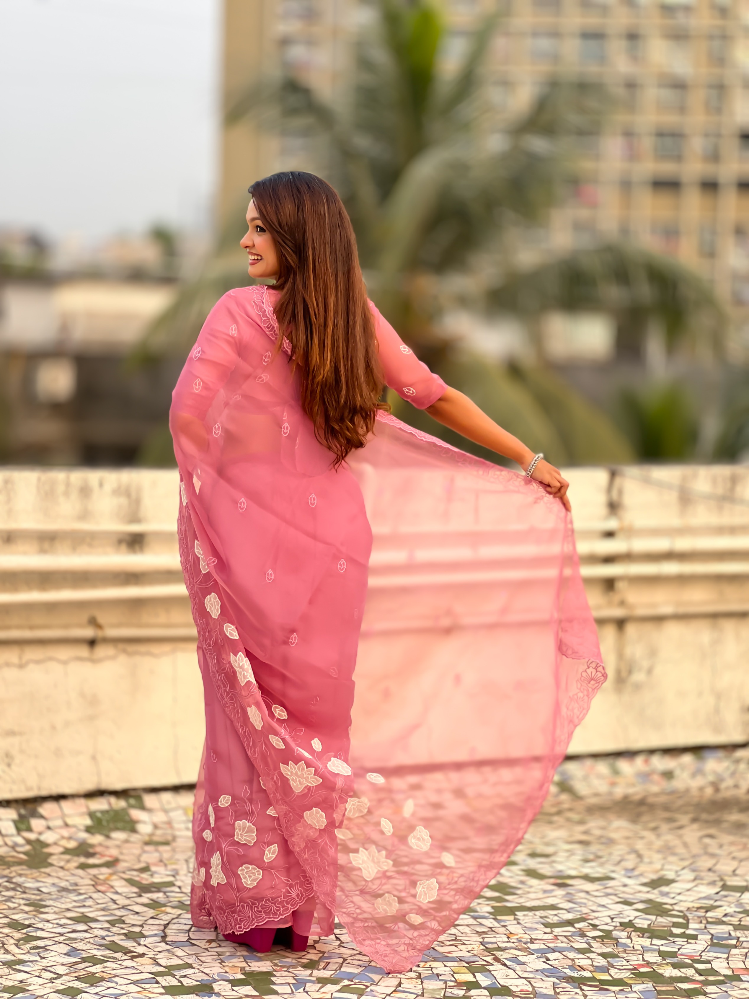 Pink Thread Embroidered Chanderi Kora Silk Saree — alternate view