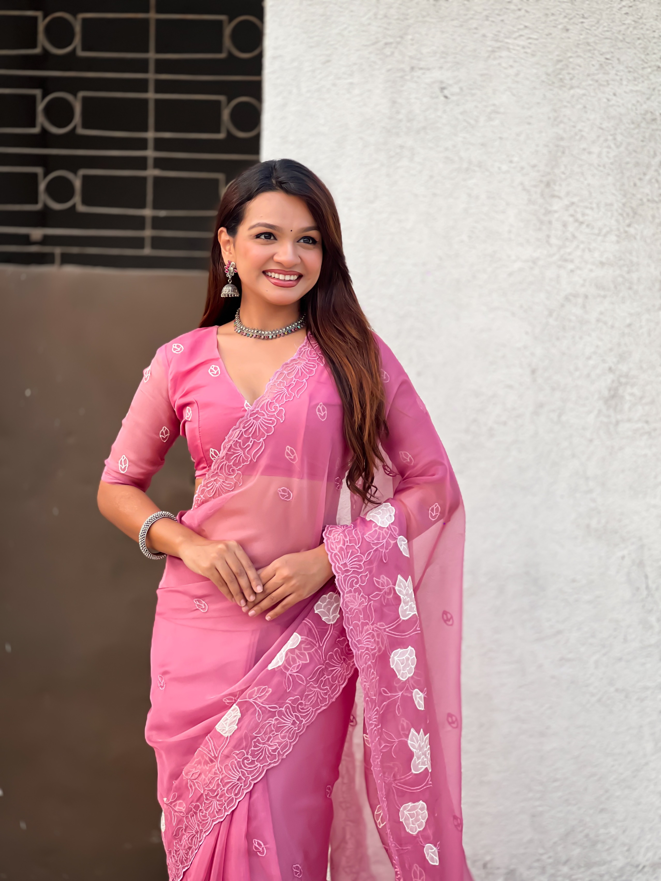 Pink Thread Embroidered Chanderi Kora Silk Saree