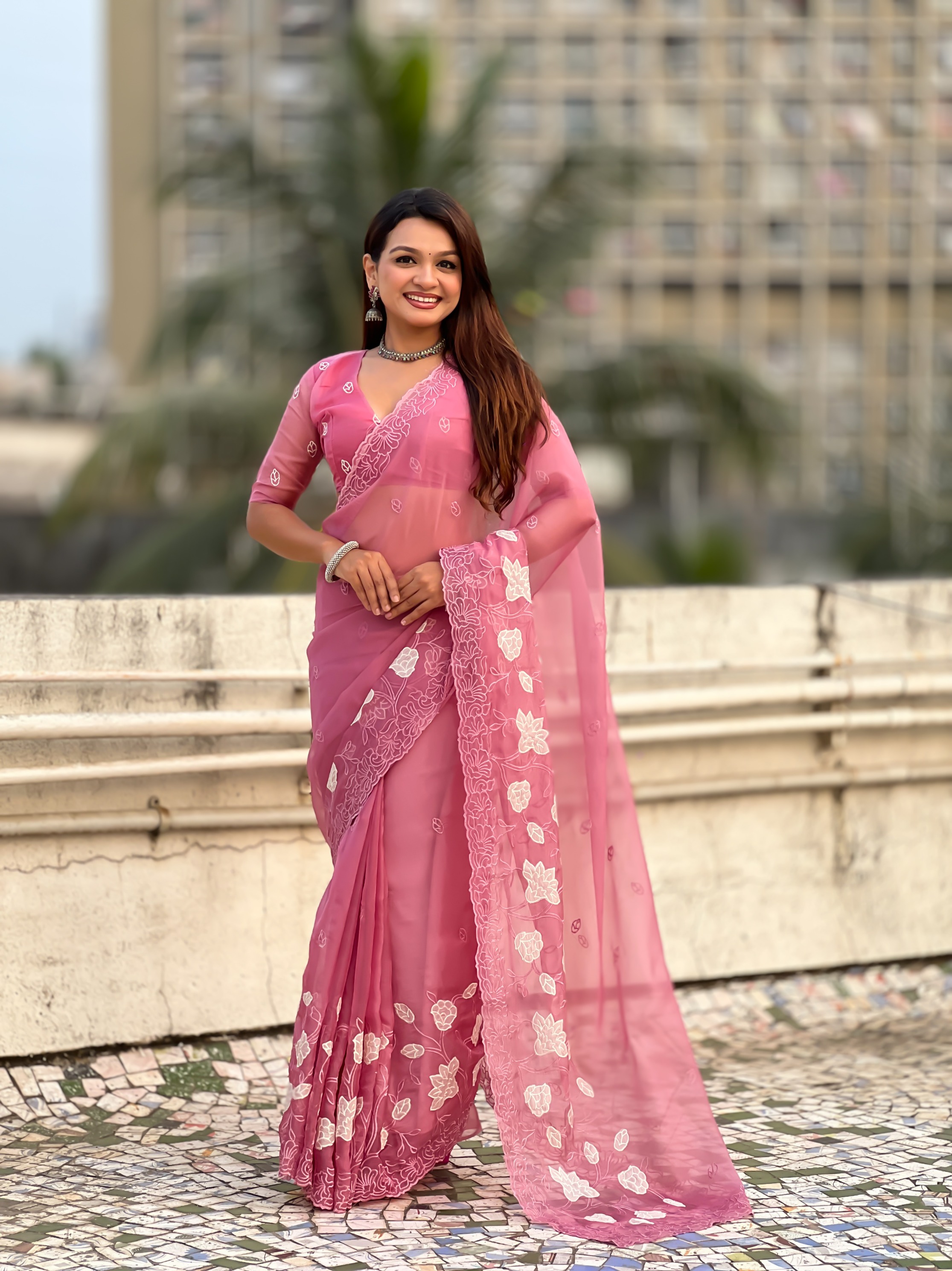 Pink Thread Embroidered Chanderi Kora Silk Saree