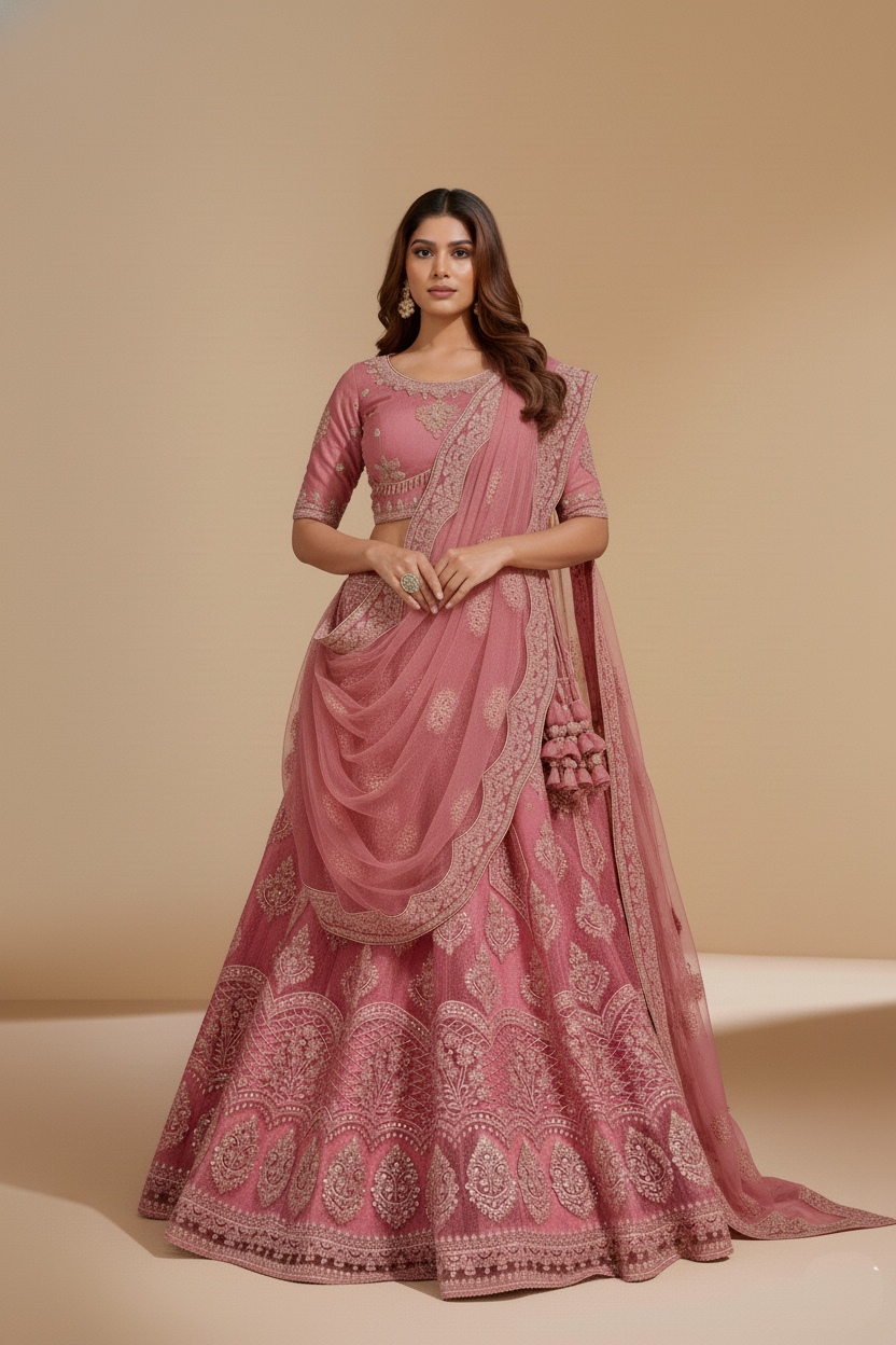 Pink Thread Embroidered Net Flared Lehenga