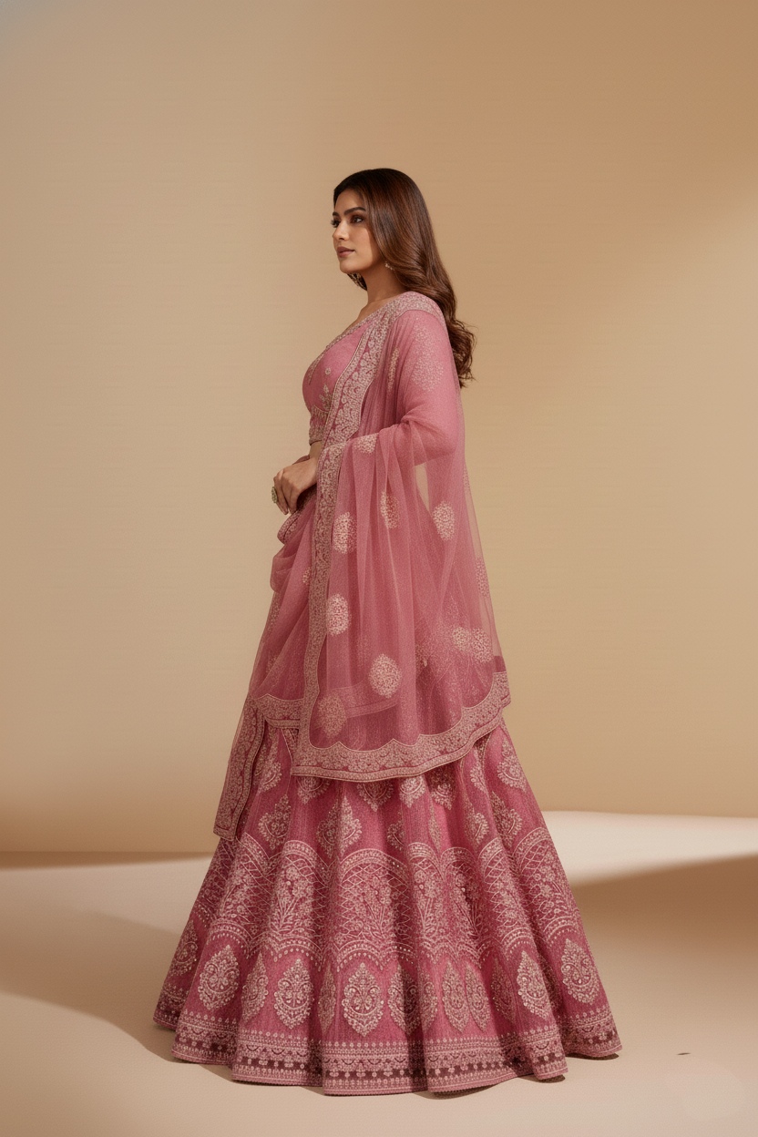 Pink Thread Embroidered Net Flared Lehenga — alternate view