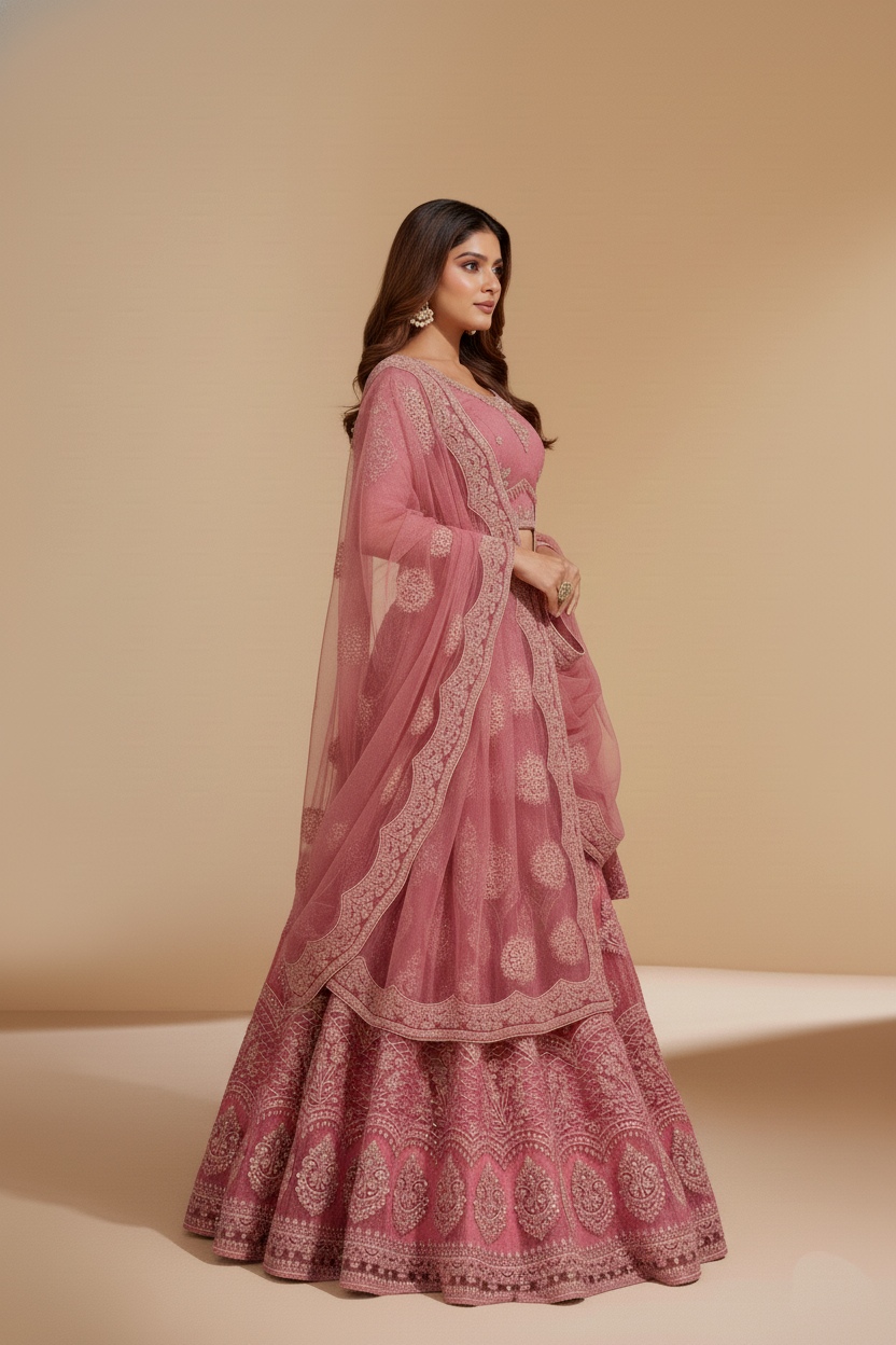 Pink Thread Embroidered Net Flared Lehenga