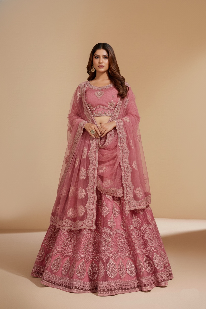 Pink Thread Embroidered Net Flared Lehenga