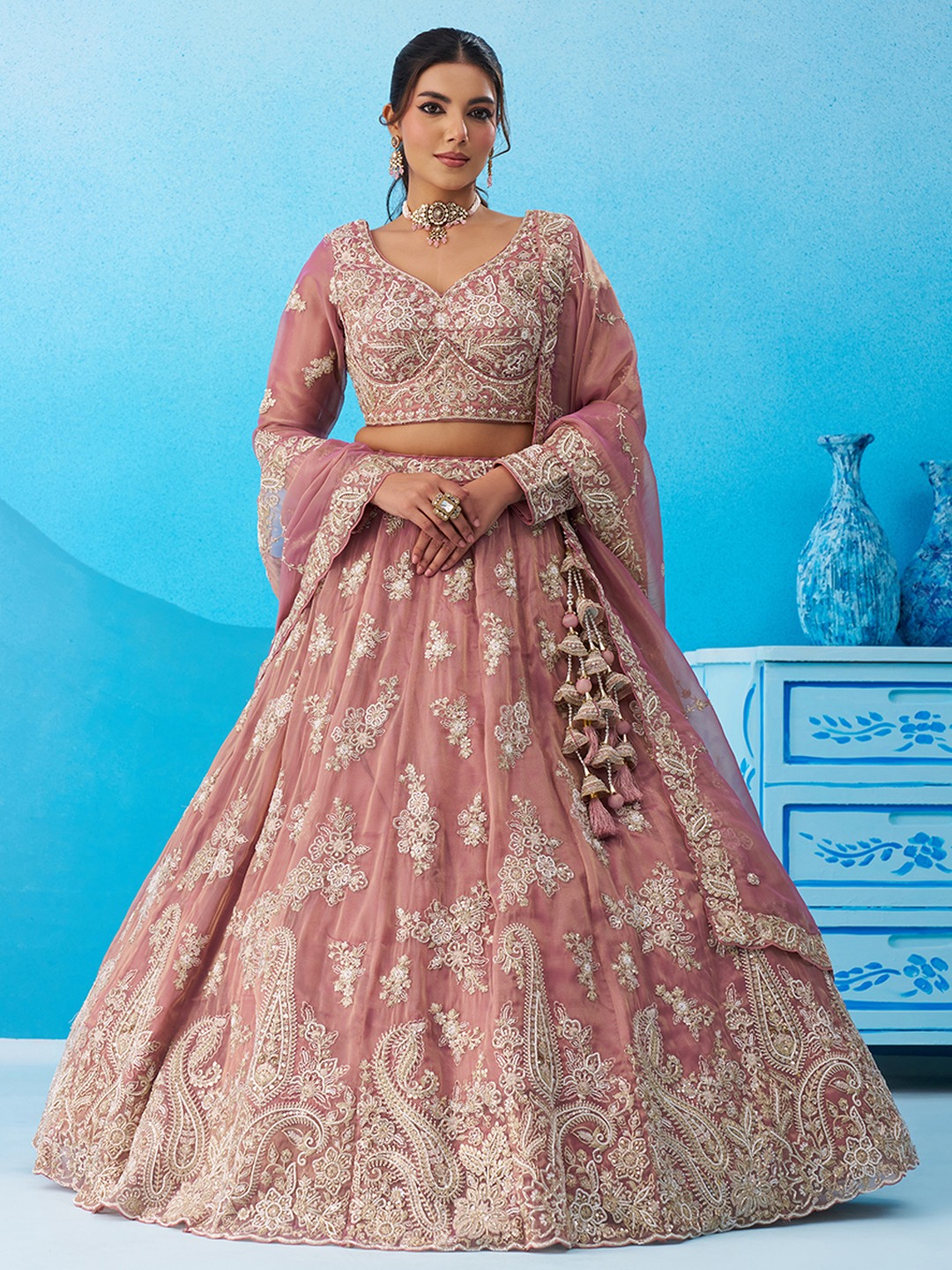 Pink Tissue Sequins Embroidered Festive Lehenga Choli