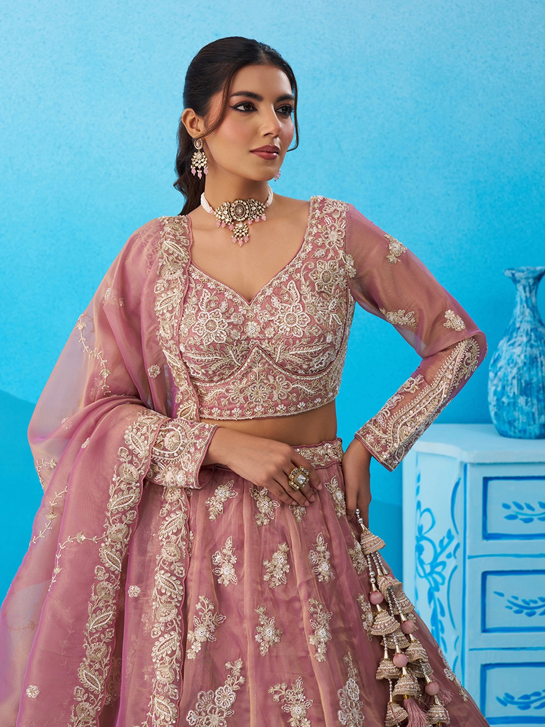 Pink Tissue Sequins Embroidered Festive Lehenga Choli
