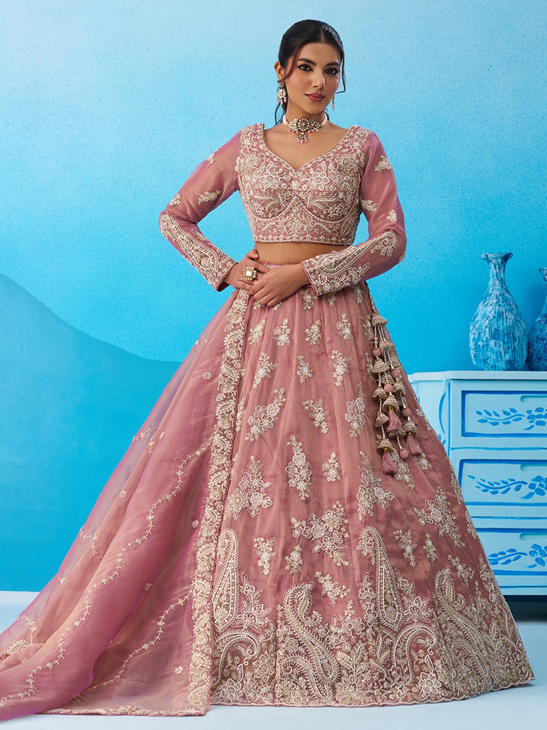 Pink Tissue Sequins Embroidered Festive Lehenga Choli