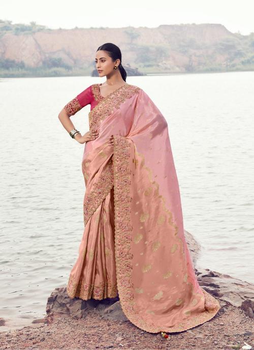Pink Tissue Silk Saree with Heavy Embroidery