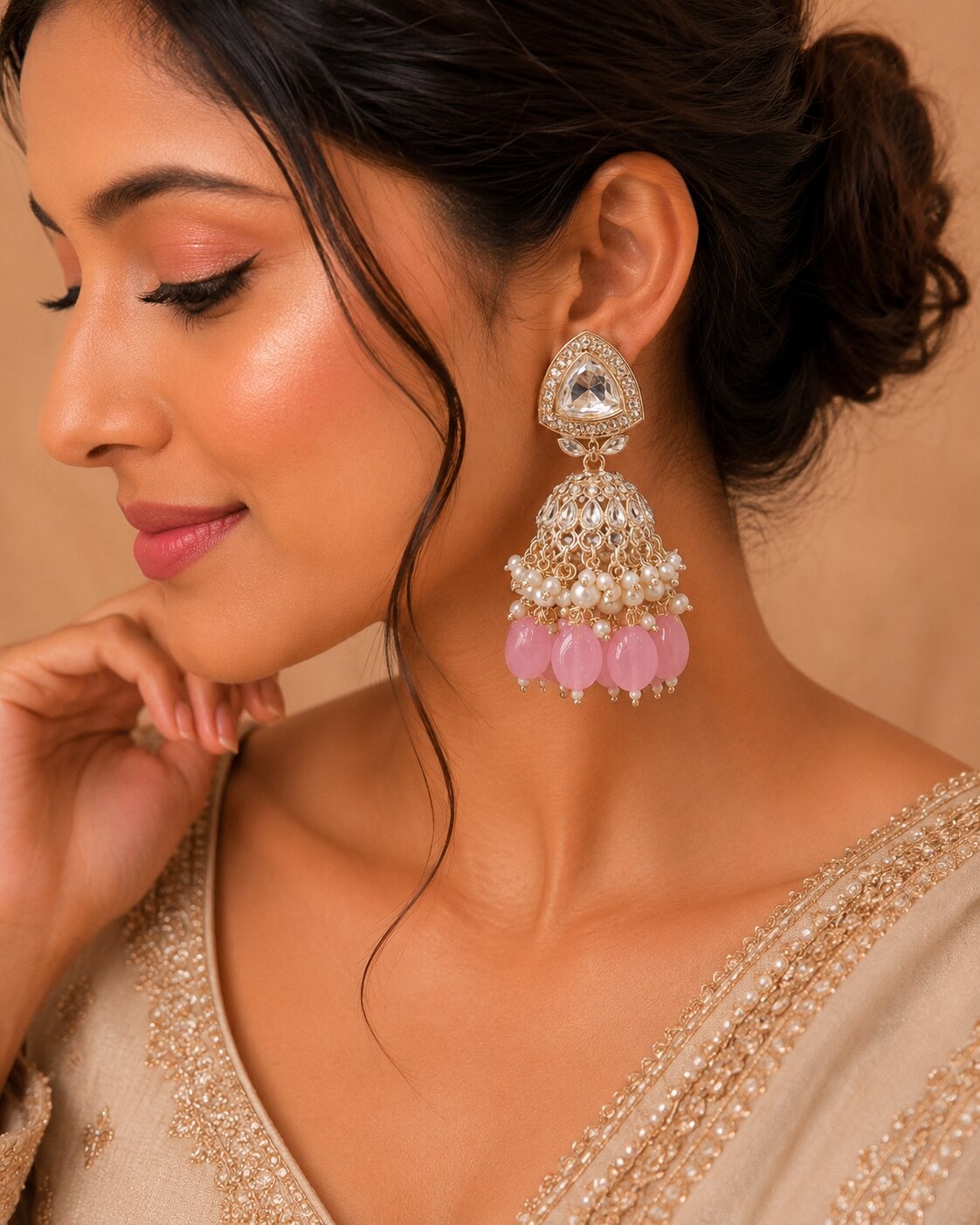 Pink Triangle Kundan Pearl Jhumka Earrings