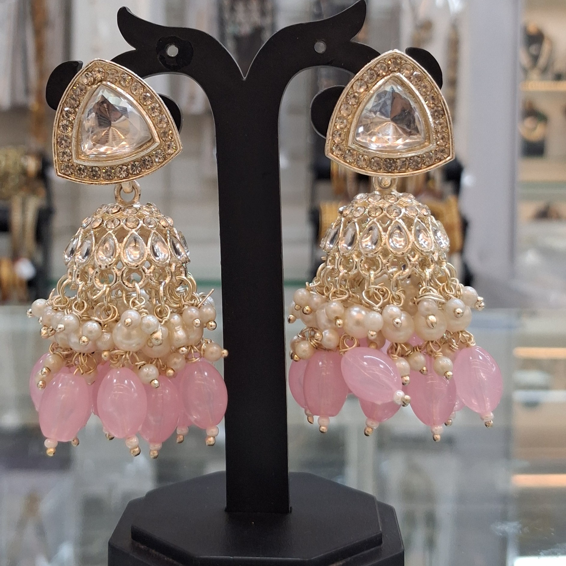 Pink Triangle Kundan Pearl Jhumka Earrings — alternate view