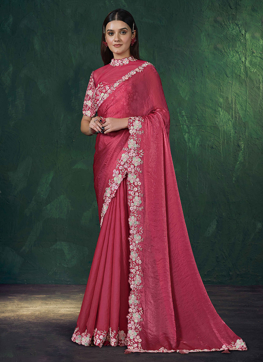 Pink Two-Tone Satin Silk Designer Embroidered Saree